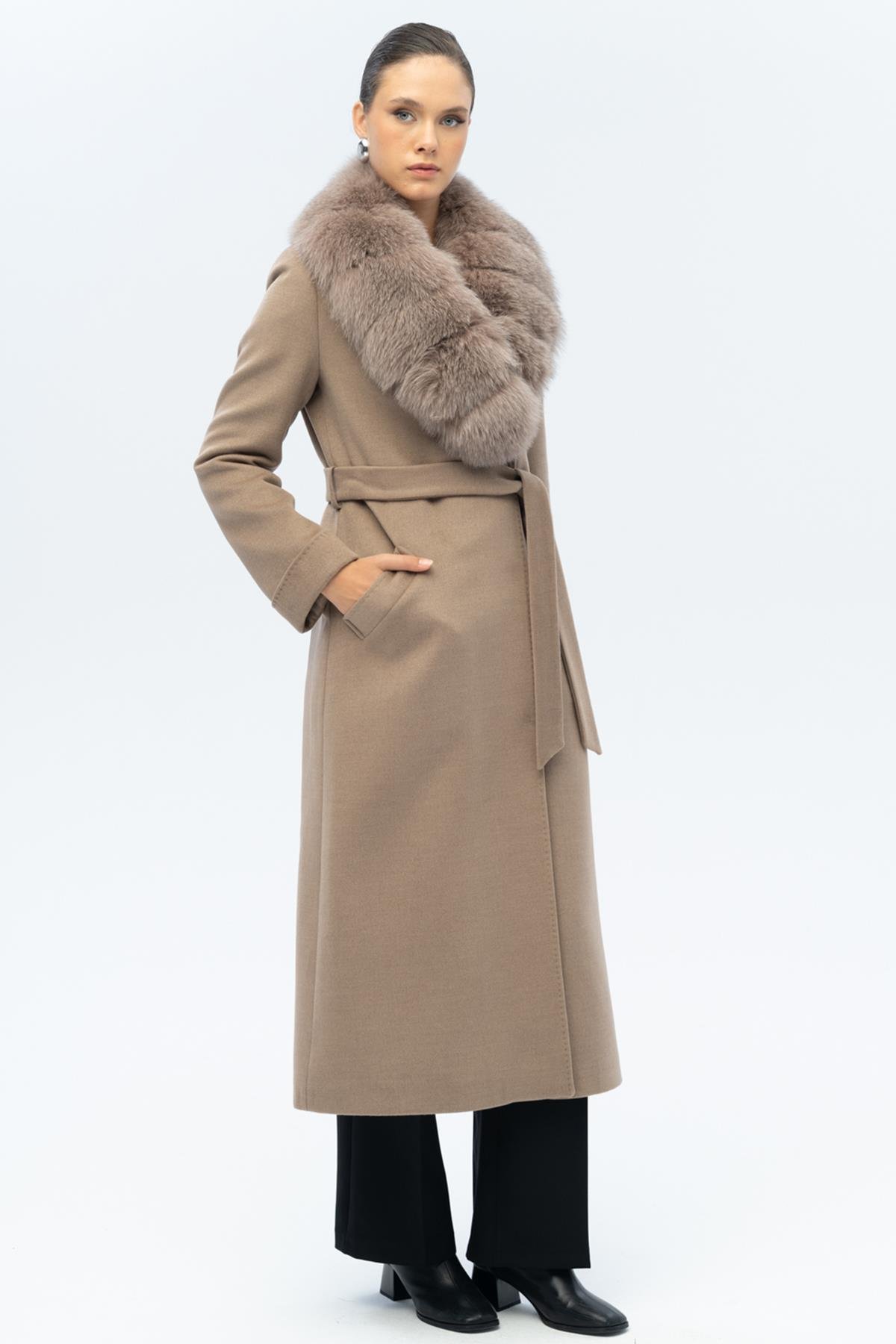 Çıkabilir Kürklü Belden Bağlamalı Uzun Kaşmir Kaban K. KAMEL 3133-TK