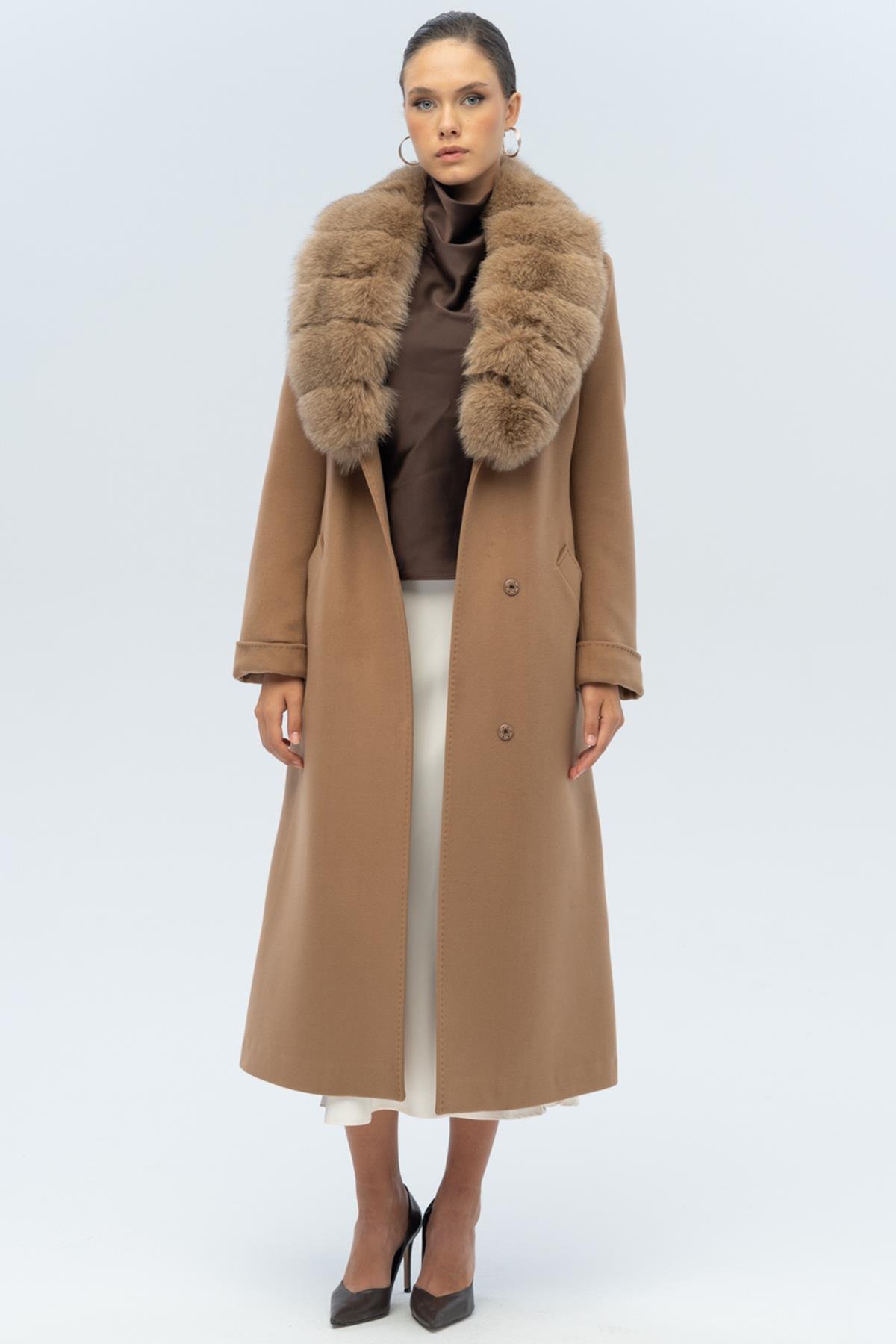 Çıkabilir Kürklü Belden Bağlamalı Uzun Kaşmir Kaban KAMEL 3133-TK