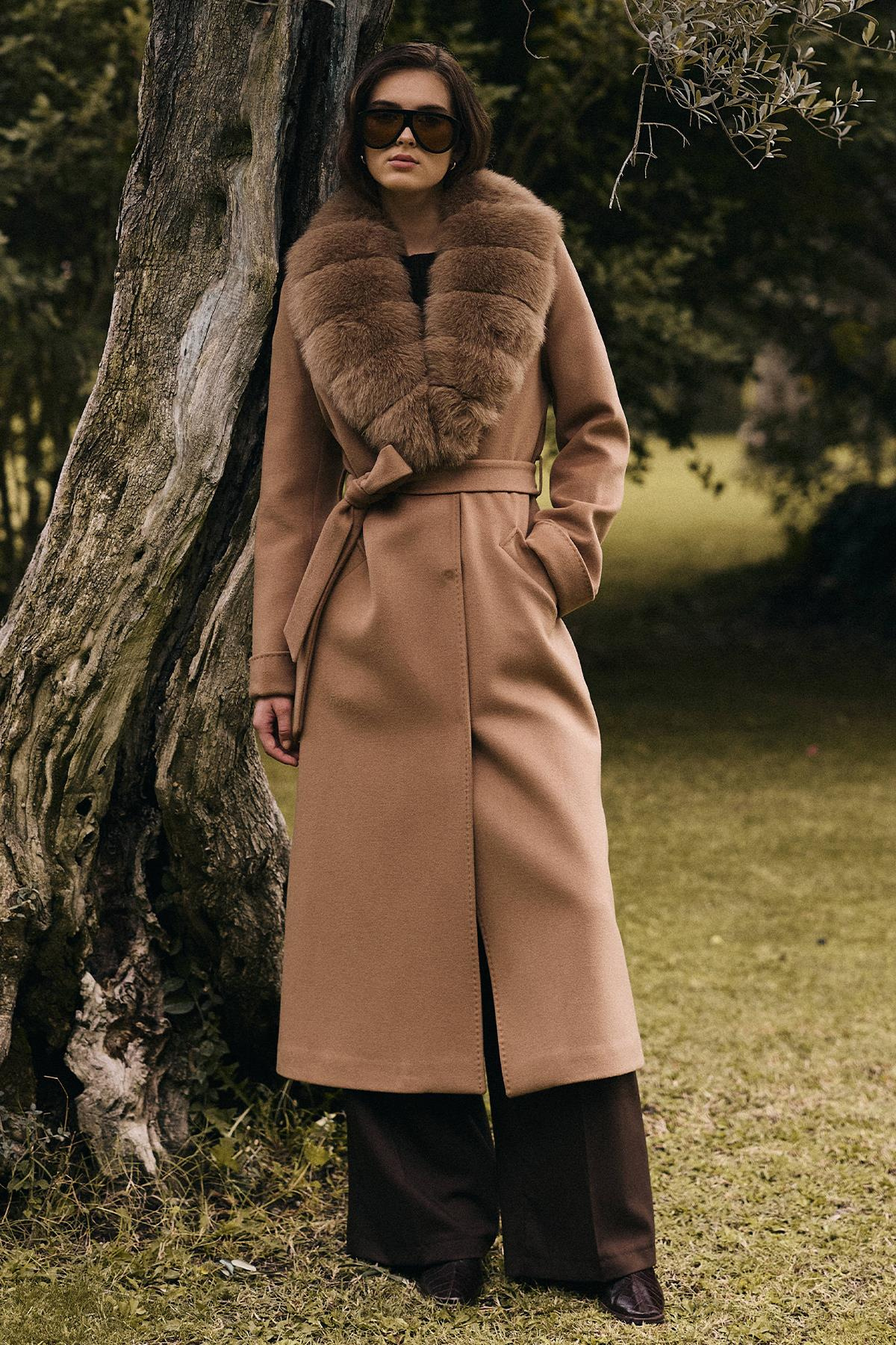 Çıkabilir Kürklü Belden Bağlamalı Uzun Kaşmir Kaban KAMEL 3133-TK