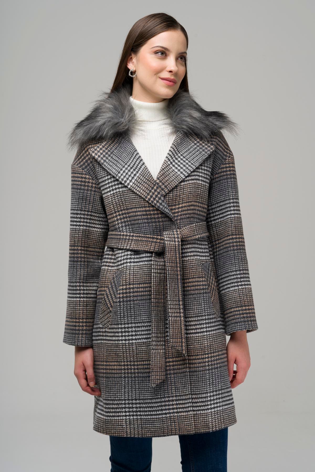 Detachable Furry Low Sleeve Snap Closure Oversize Plaid Coat GREY 3953