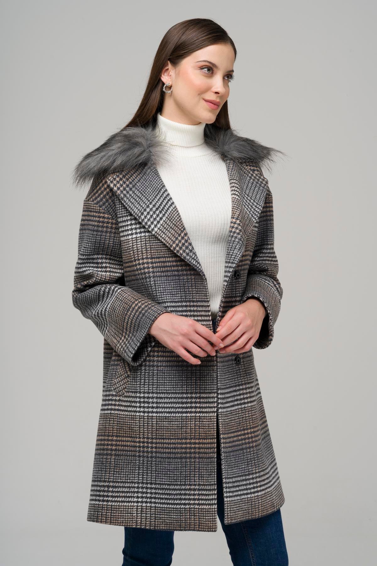 Detachable Furry Low Sleeve Snap Closure Oversize Plaid Coat GREY 3953