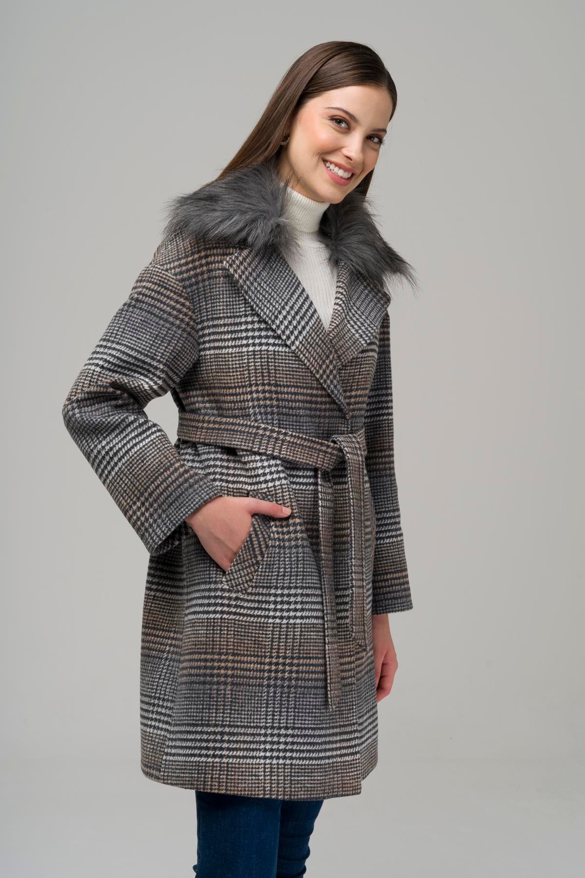 Detachable Furry Low Sleeve Snap Closure Oversize Plaid Coat GREY 3953