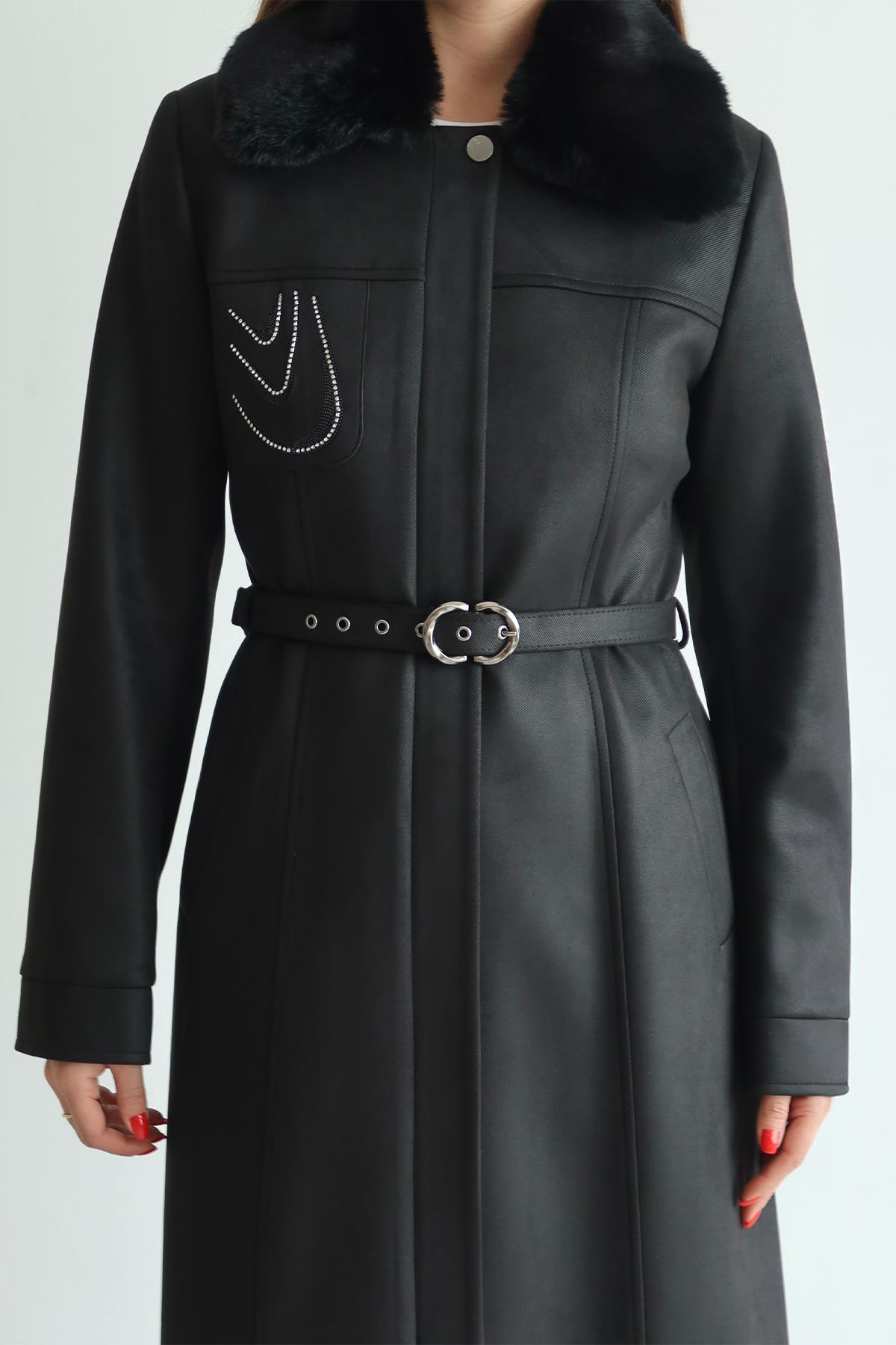 Çıkabilir Kürklü İşleme Detaylı Gabardin Süet Görünümlü Kap SİYAH 6805