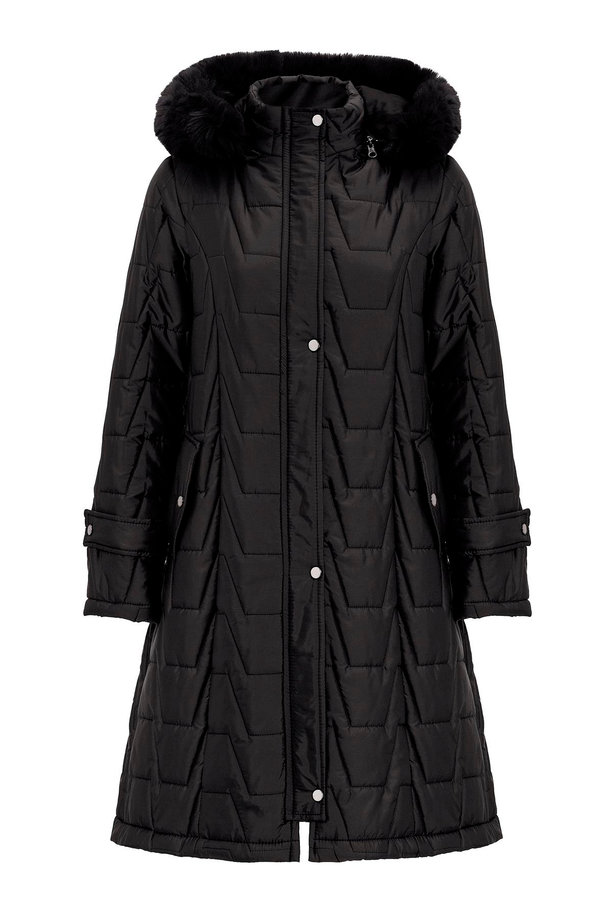 Removable Fur Hooded Zippered Quilted Coat BLACK 6779