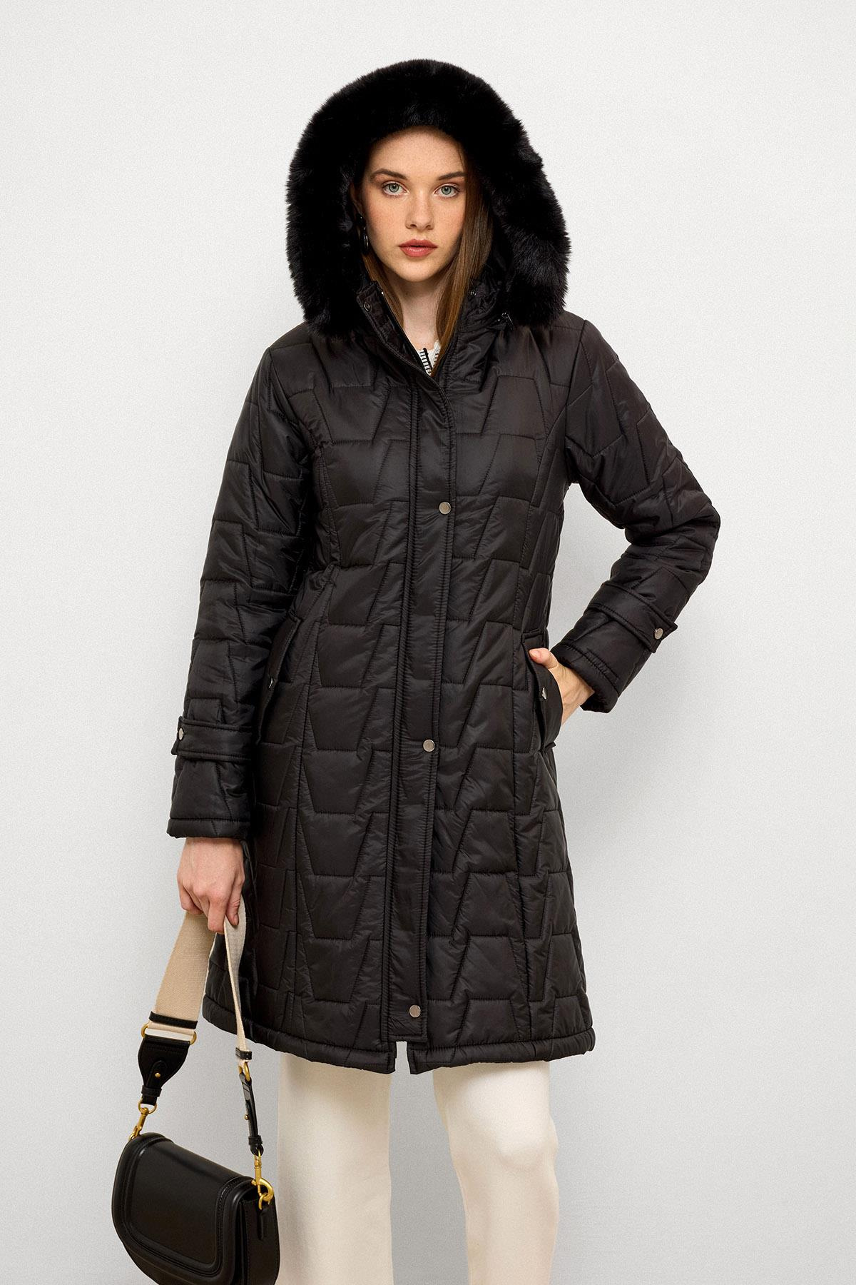Removable Fur Hooded Zippered Quilted Coat BLACK 6779