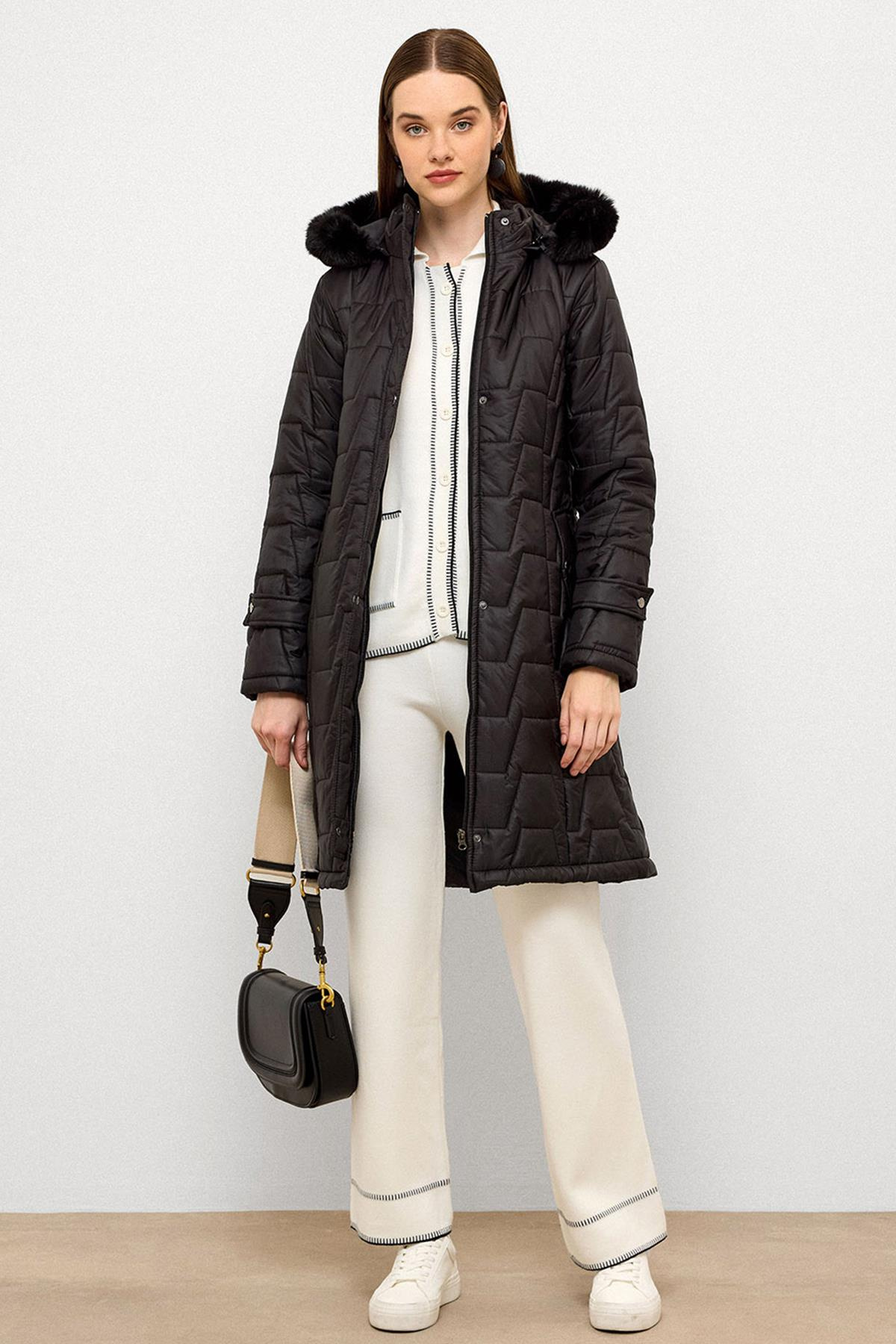 Removable Fur Hooded Zippered Quilted Coat BLACK 6779