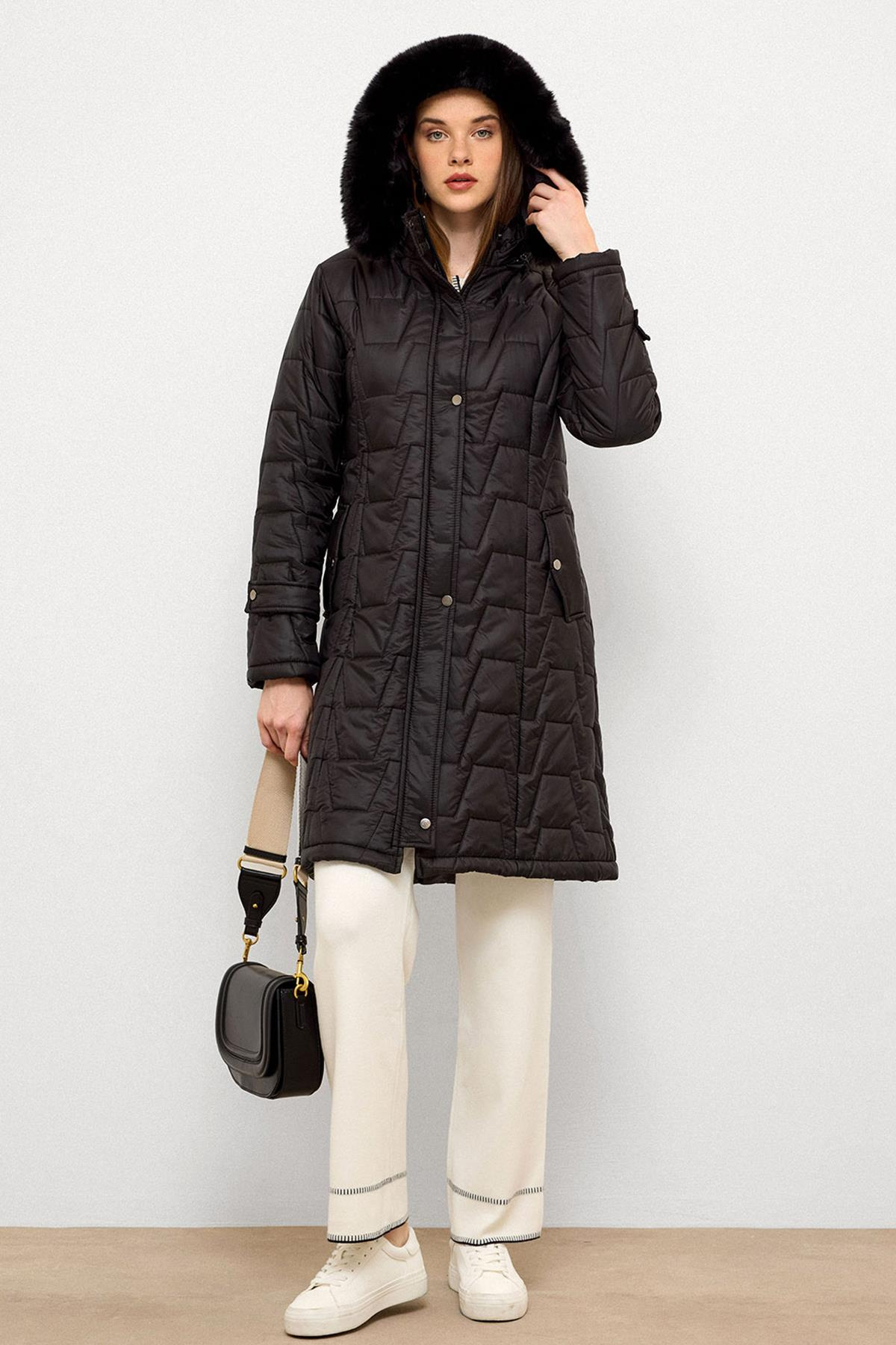 Removable Fur Hooded Zippered Quilted Coat BLACK 6779