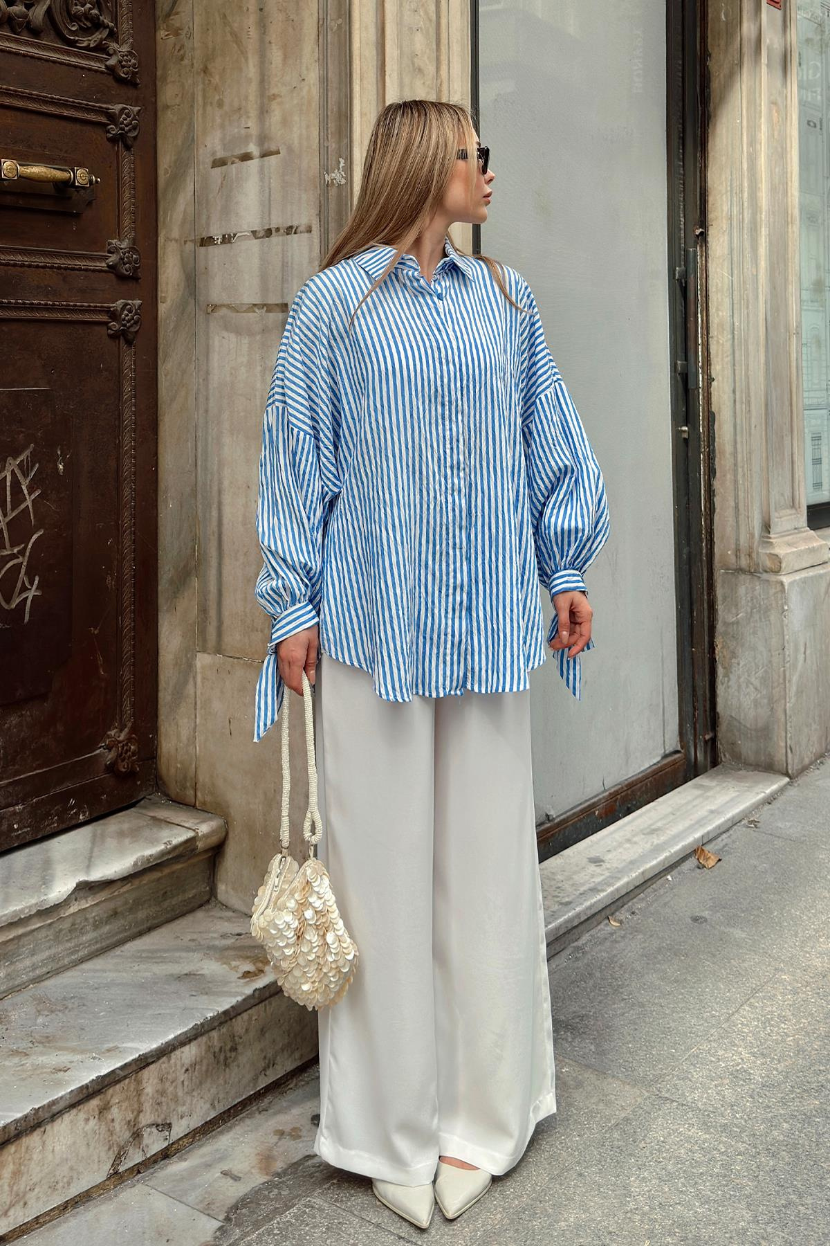 بدلة من قطعتين بقميص مخطط وبنطلون بخصر مطاطي أزرق 7939-TK