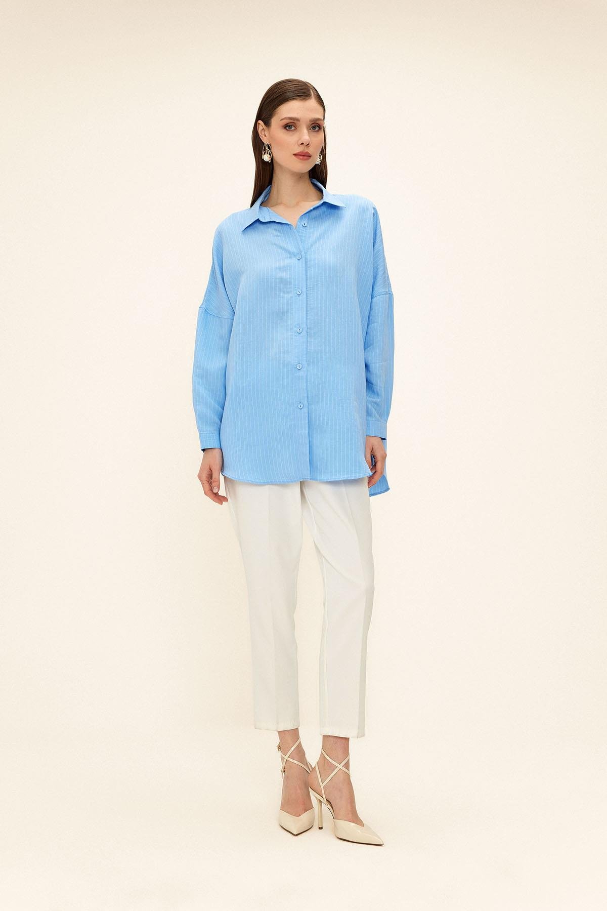 Striped Fabric Casual Modal Shirt BLUE 9326