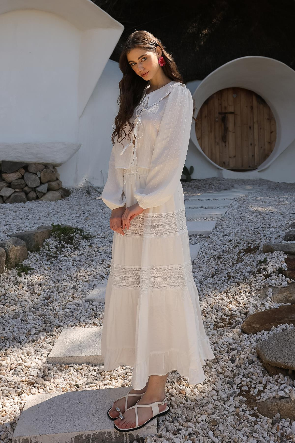 Elastic Waist Skirt with Lace Detail WHITE 7061