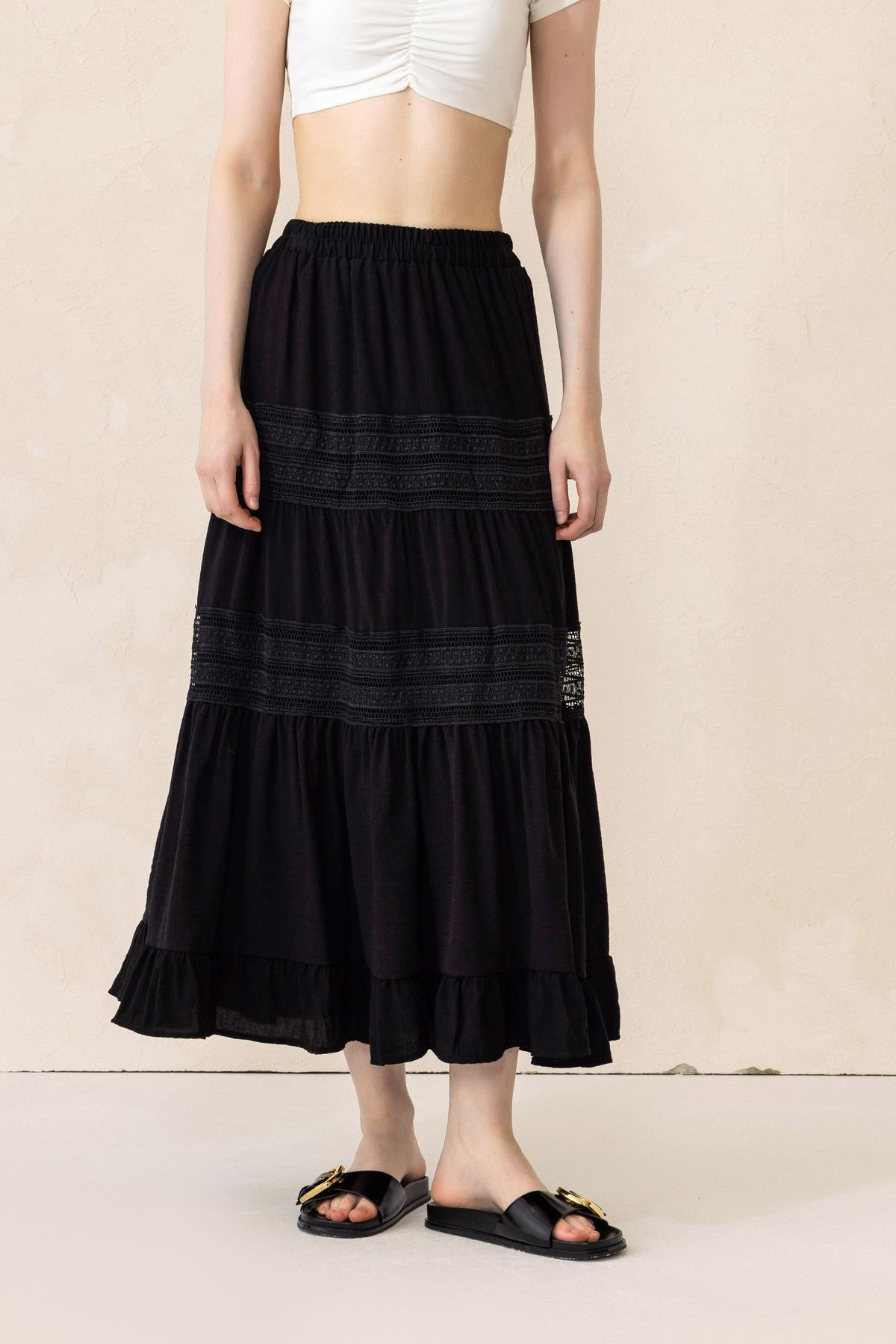 Elastic Waist Skirt with Lace Detail BLACK 7061