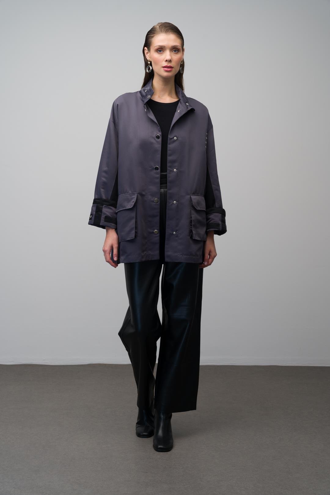 Deri Kemerli Garni Detaylı Astarsız Kısa Trençkot ANTRASİT 6670