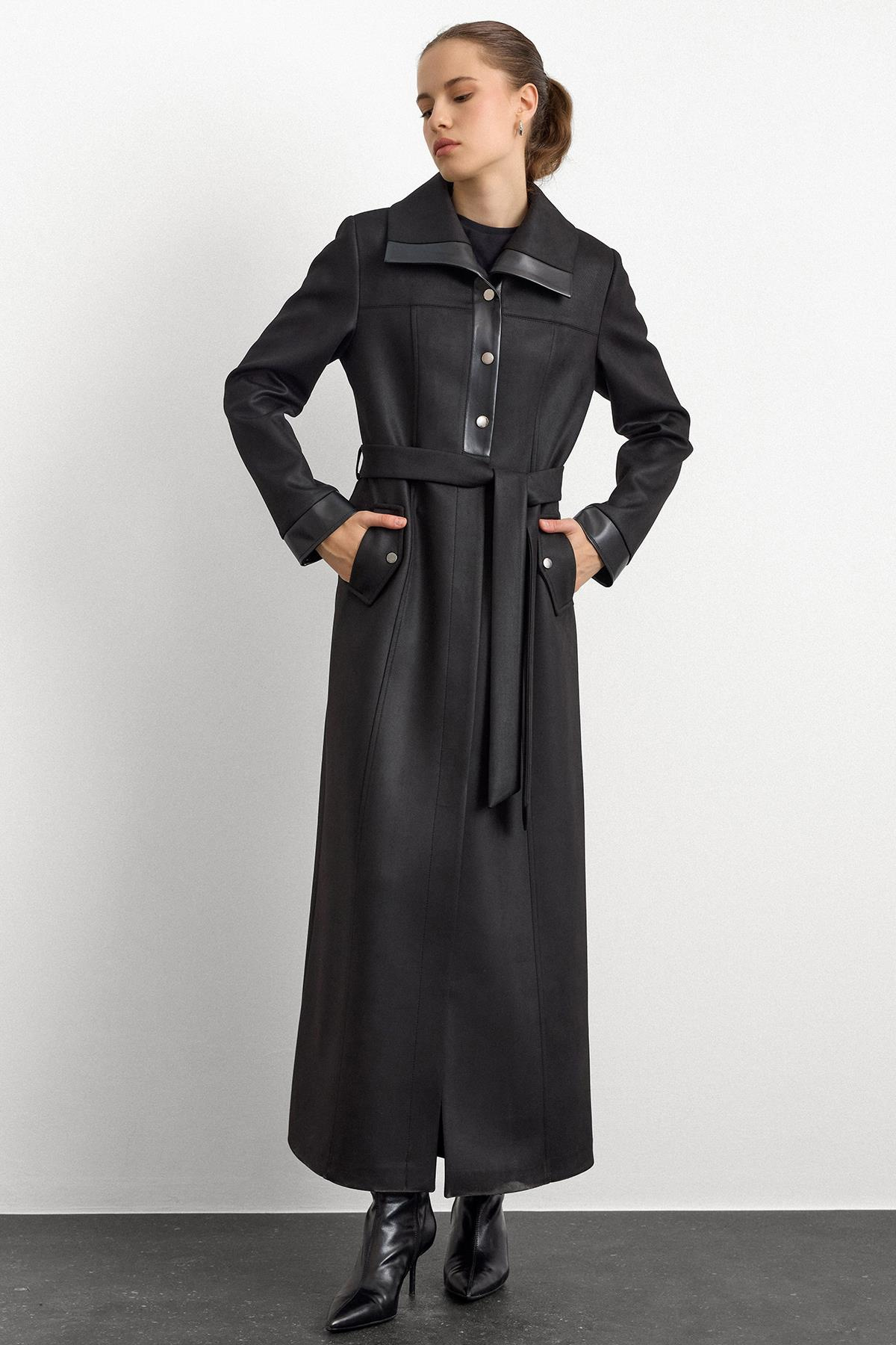 Deri ve Çıt Çıt Aksesuarlı Gabardin Süet Pardesü SİYAH 6793