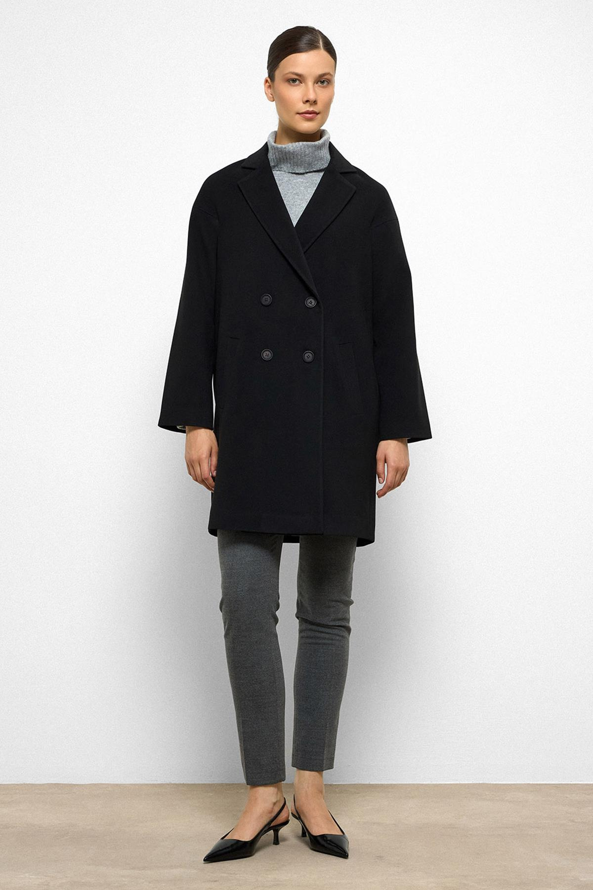 Patterned Lined Oversize Double Breasted Coat BLACK 3095