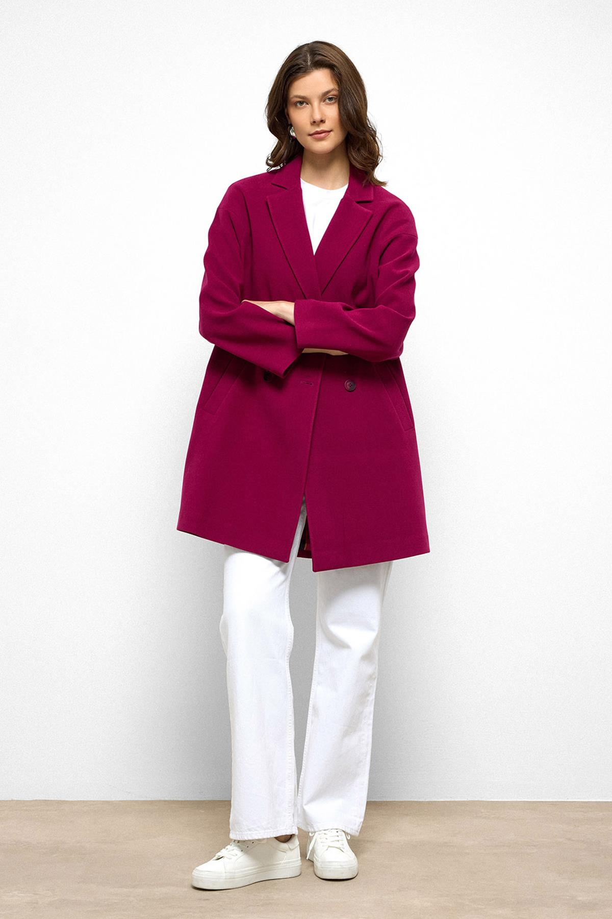 Desenli Astarlı Oversize Kruvaze Kaban FUŞYA 3095