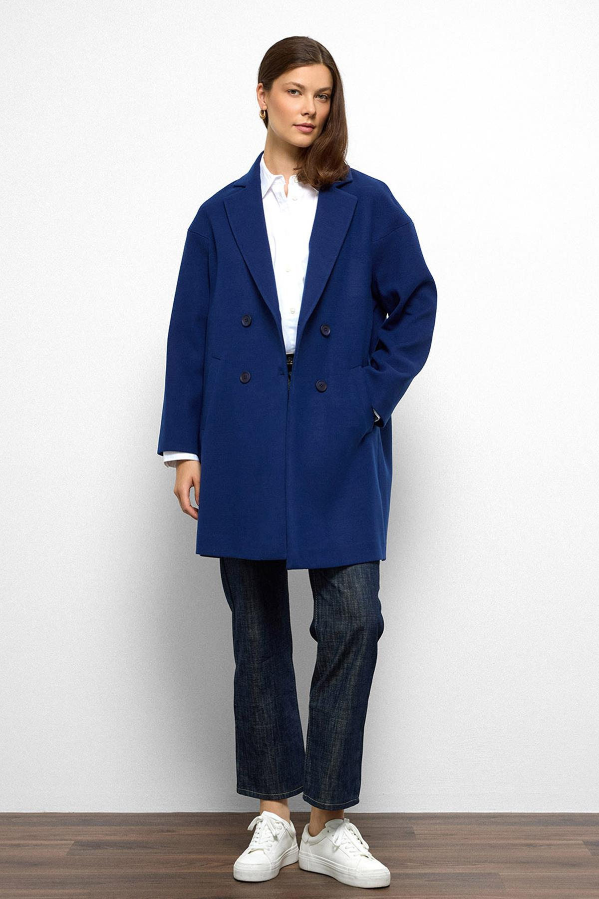 Desenli Astarlı Oversize Kruvaze Kaban SAKS 3095