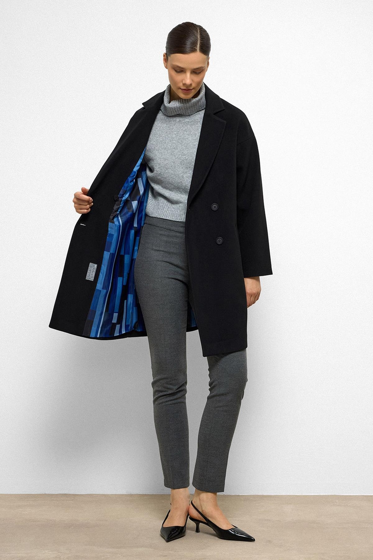 Patterned Lined Oversize Double Breasted Coat BLACK 3095