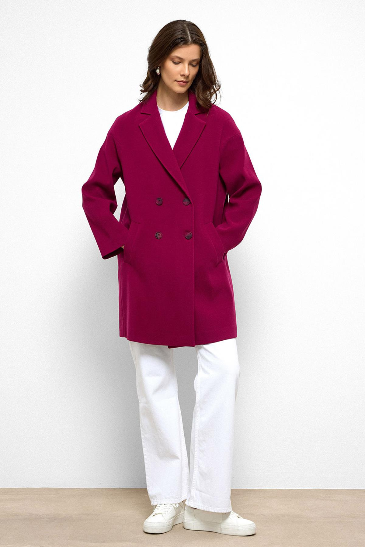 Desenli Astarlı Oversize Kruvaze Kaban FUŞYA 3095