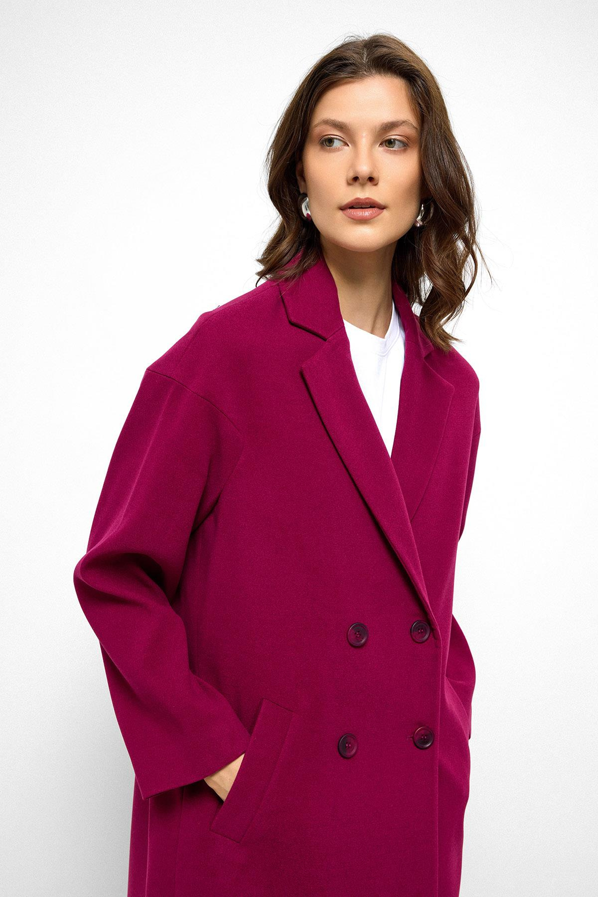 Desenli Astarlı Oversize Kruvaze Kaban FUŞYA 3095