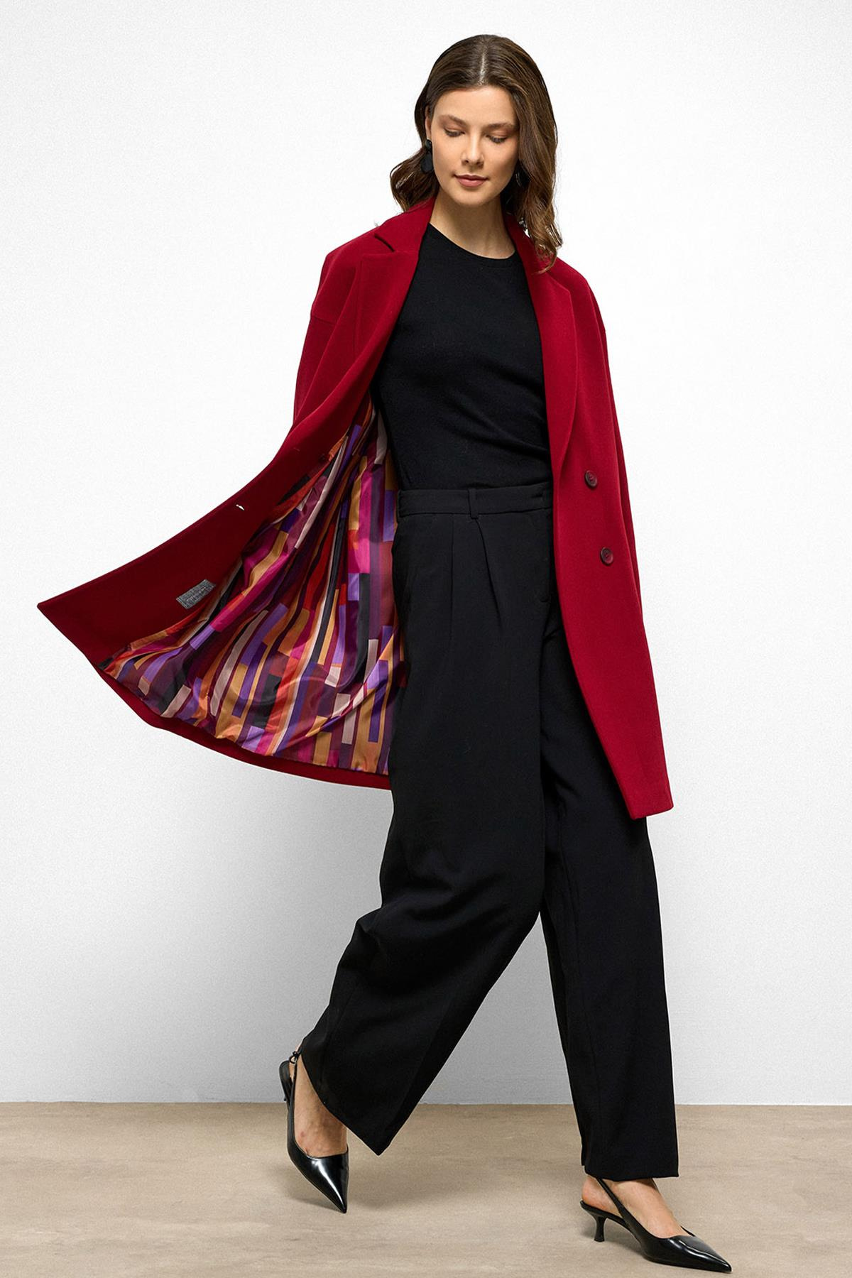 Desenli Astarlı Oversize Kruvaze Kaban KIRMIZI 3095