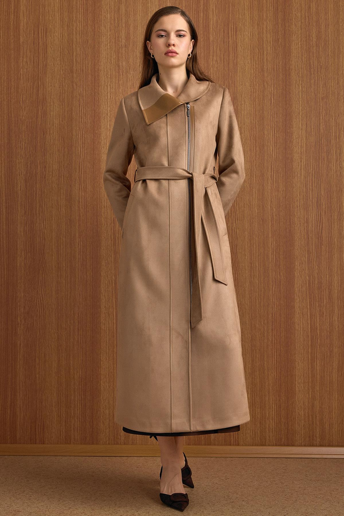 Devrik Yaka Fermuar Kapamalı Deri Garnili Süet Görünümlü Kap A.KAMEL 6804