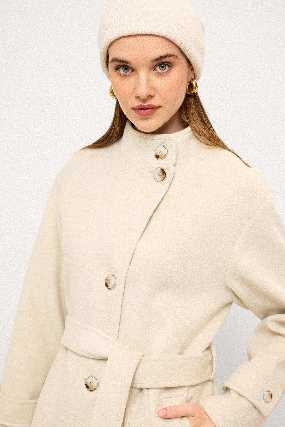 Stand Collar Oversize Long Coat BEJ MELANJ 3124