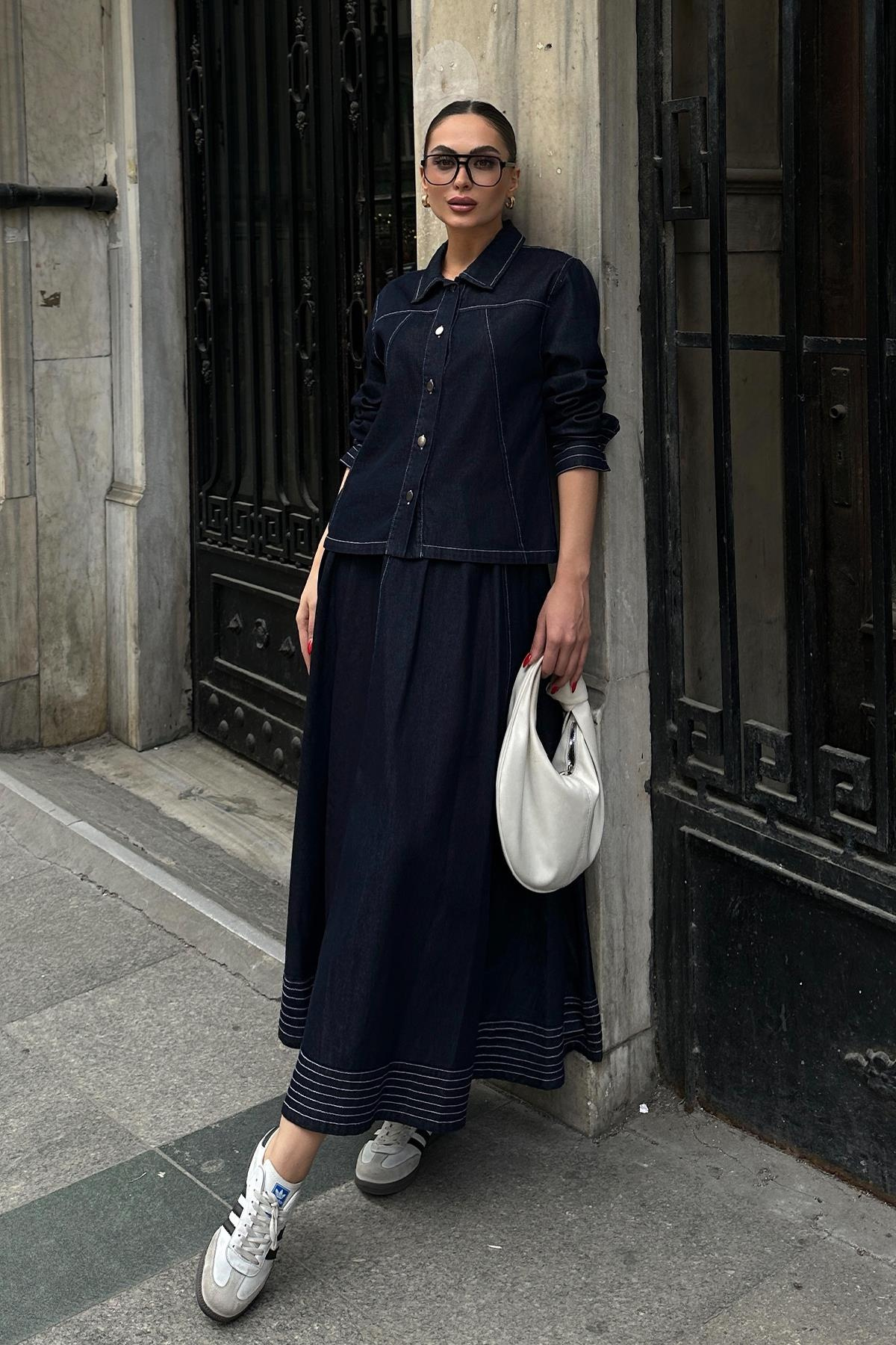 بدلة جينز بتفاصيل مخيطة وسترة تنورة الأزرق الداكن 9267-TK