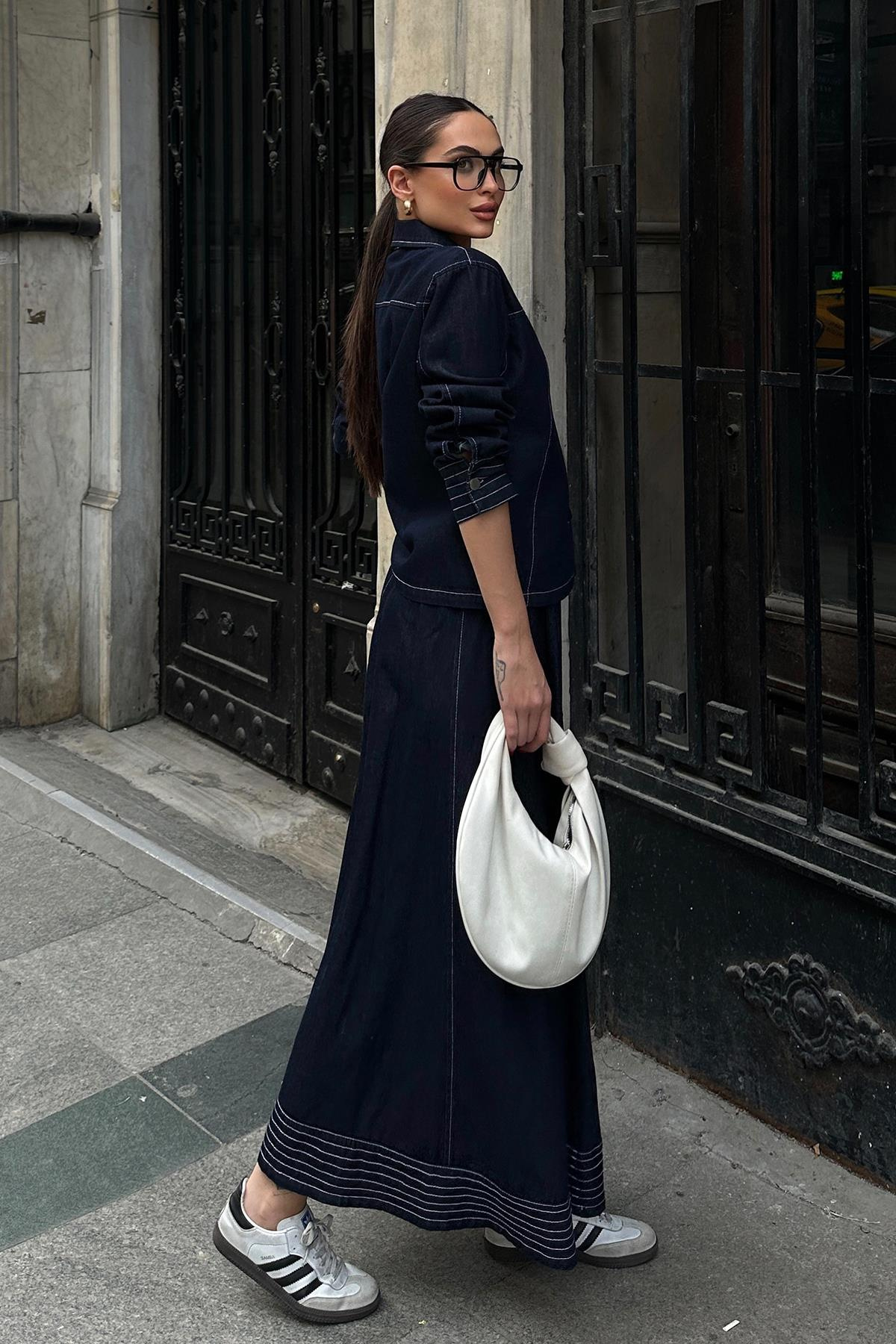 بدلة جينز بتفاصيل مخيطة وسترة تنورة الأزرق الداكن 9267-TK