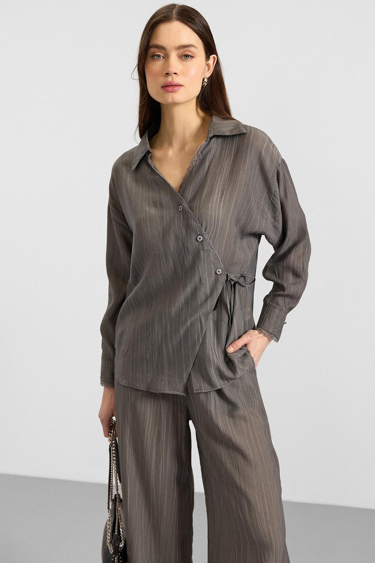 Düğme ve Bağcık Kapamalı Kimono Pantolon İkili Takım ANTRASİT 9414-TK