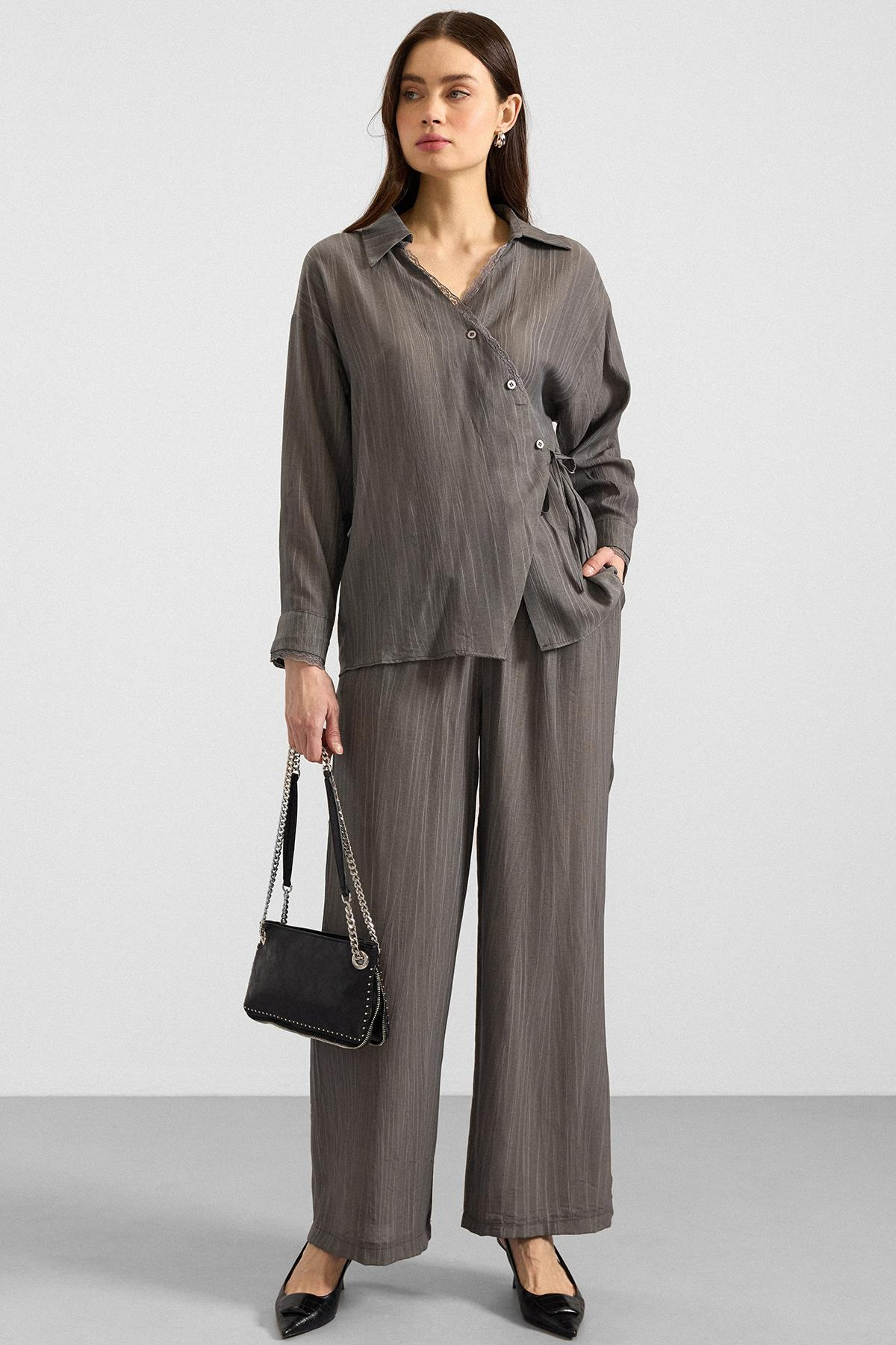 Düğme ve Bağcık Kapamalı Kimono Pantolon İkili Takım ANTRASİT 9414-TK