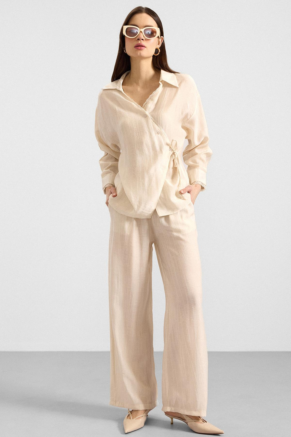 Düğme ve Bağcık Kapamalı Kimono Pantolon İkili Takım KREM 9414-TK