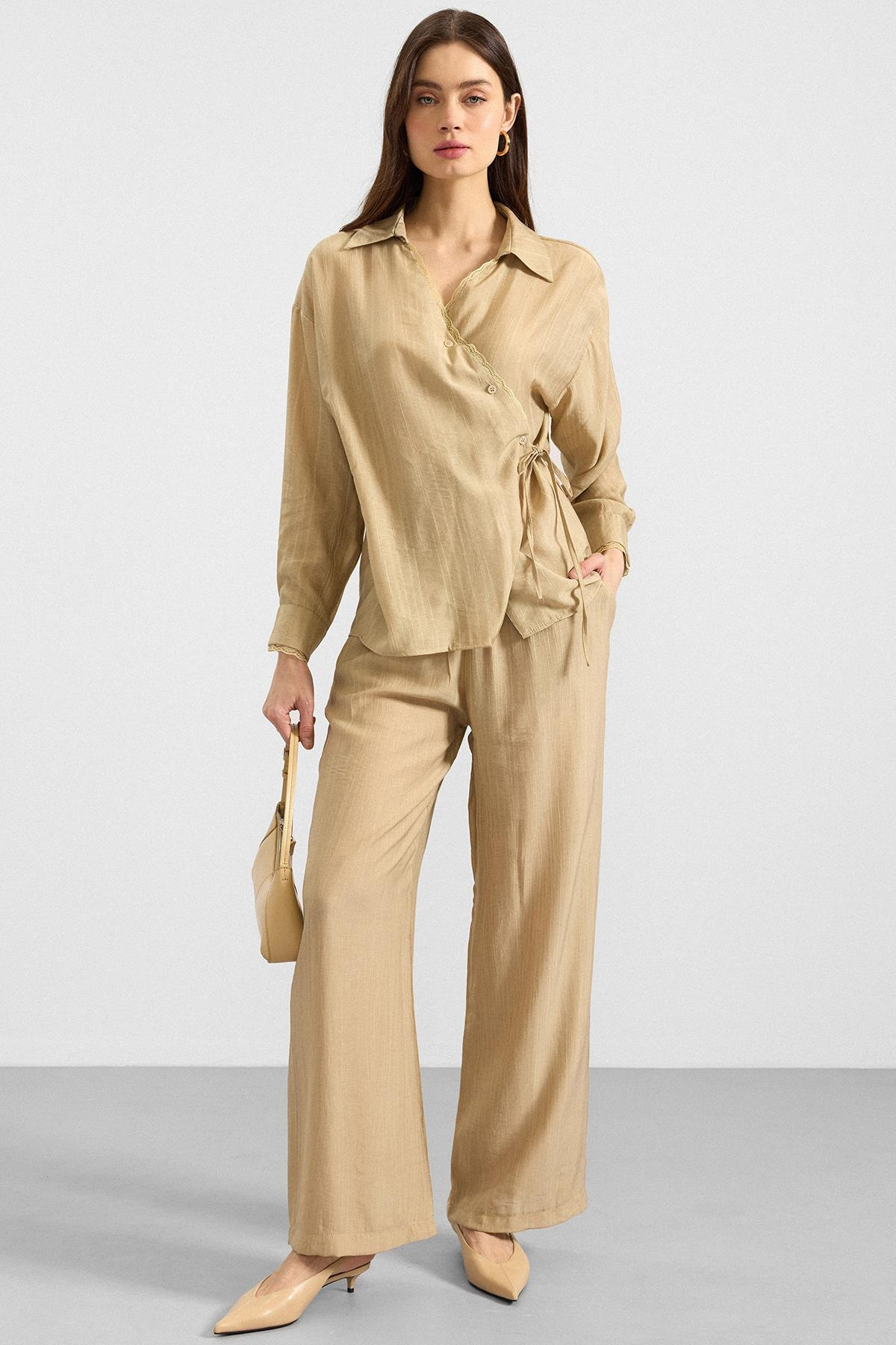 Düğme ve Bağcık Kapamalı Kimono Pantolon İkili Takım AÇIK YEŞİL 9414-TK