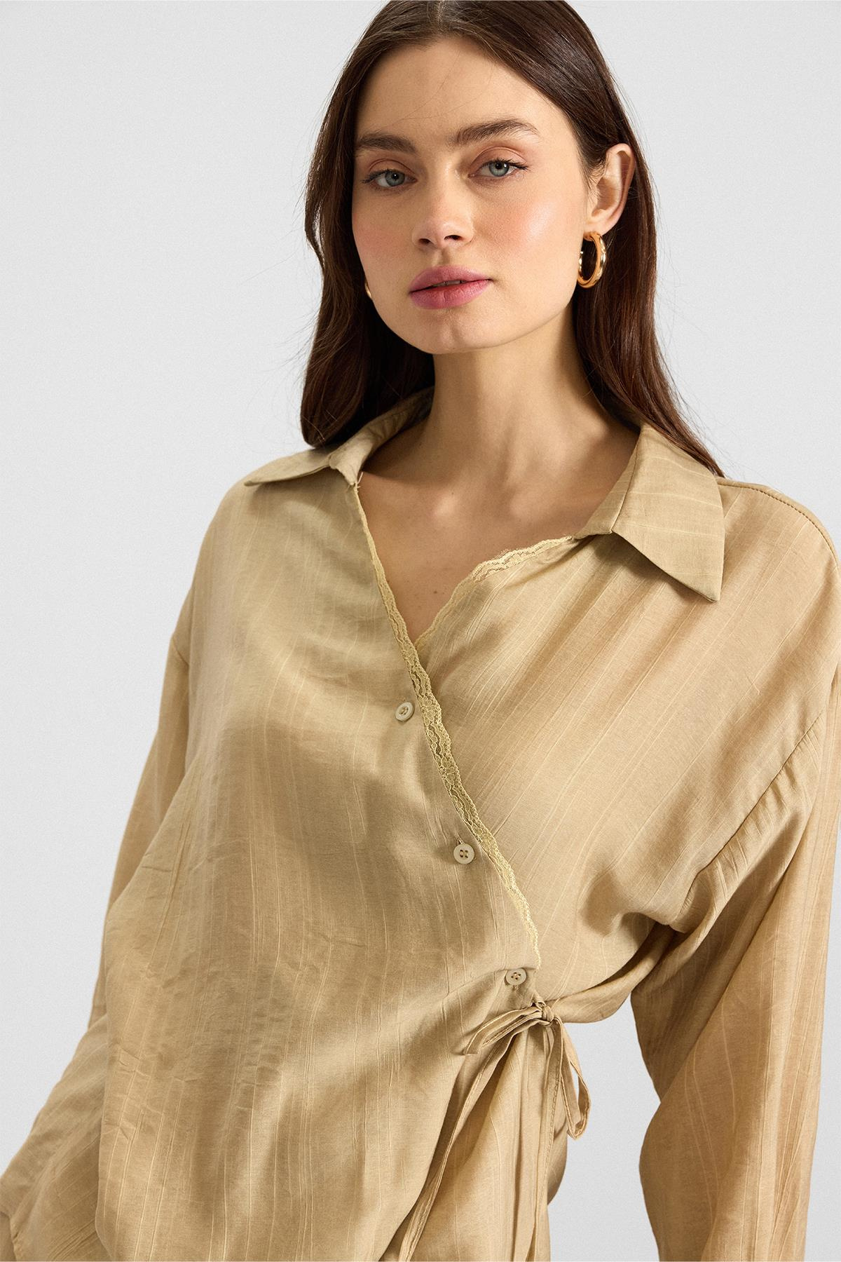 Düğme ve Bağcık Kapamalı Kimono Pantolon İkili Takım AÇIK YEŞİL 9414-TK