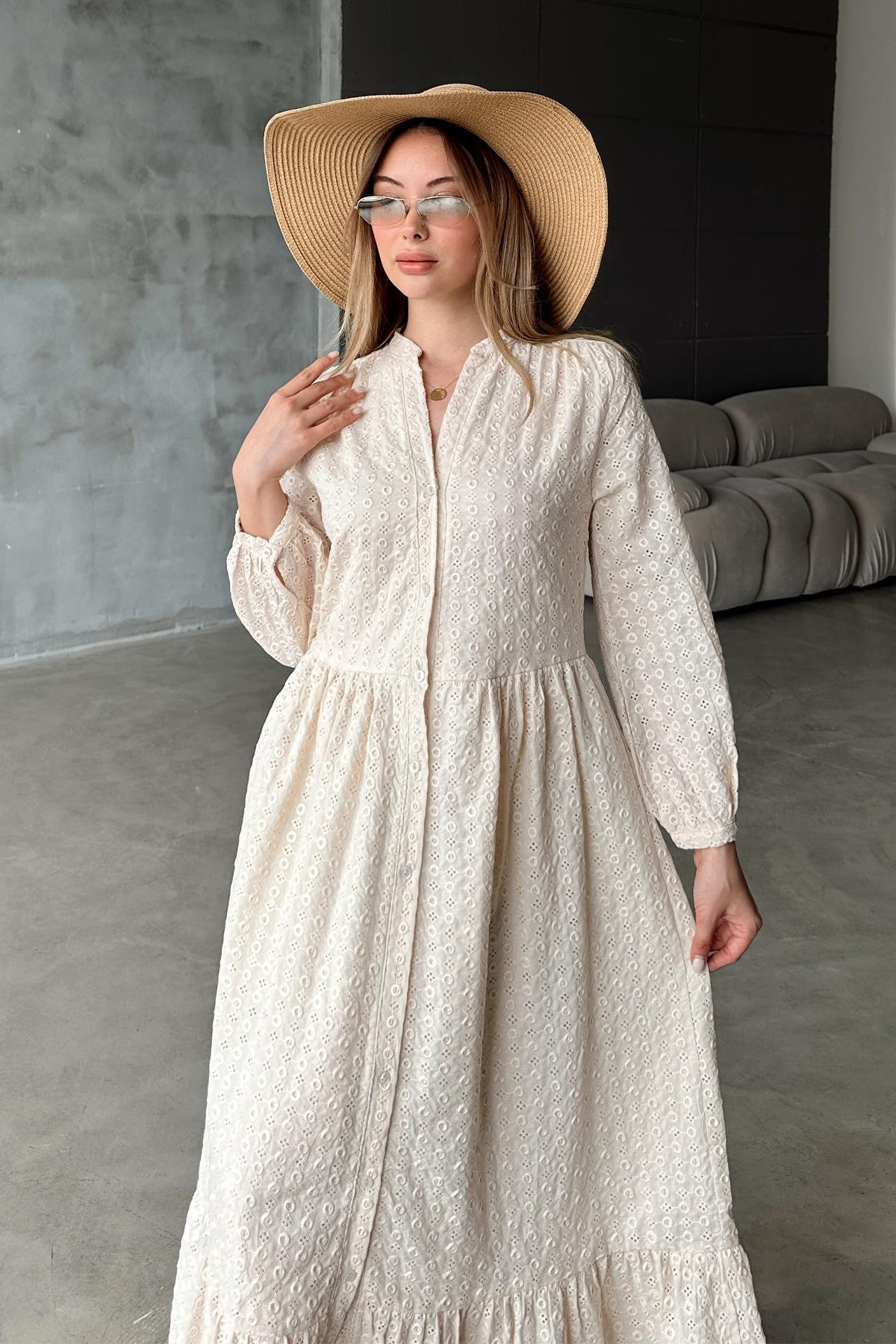 Düğmeli Midi Boy Güpür Elbise BEJ 9351-E