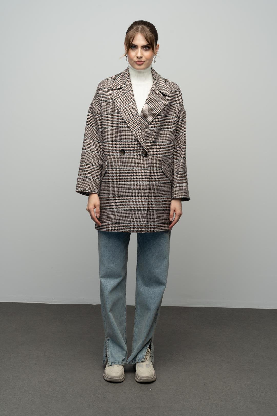 Plaid Patterned Double Breasted Oversized Coat TILE 3020