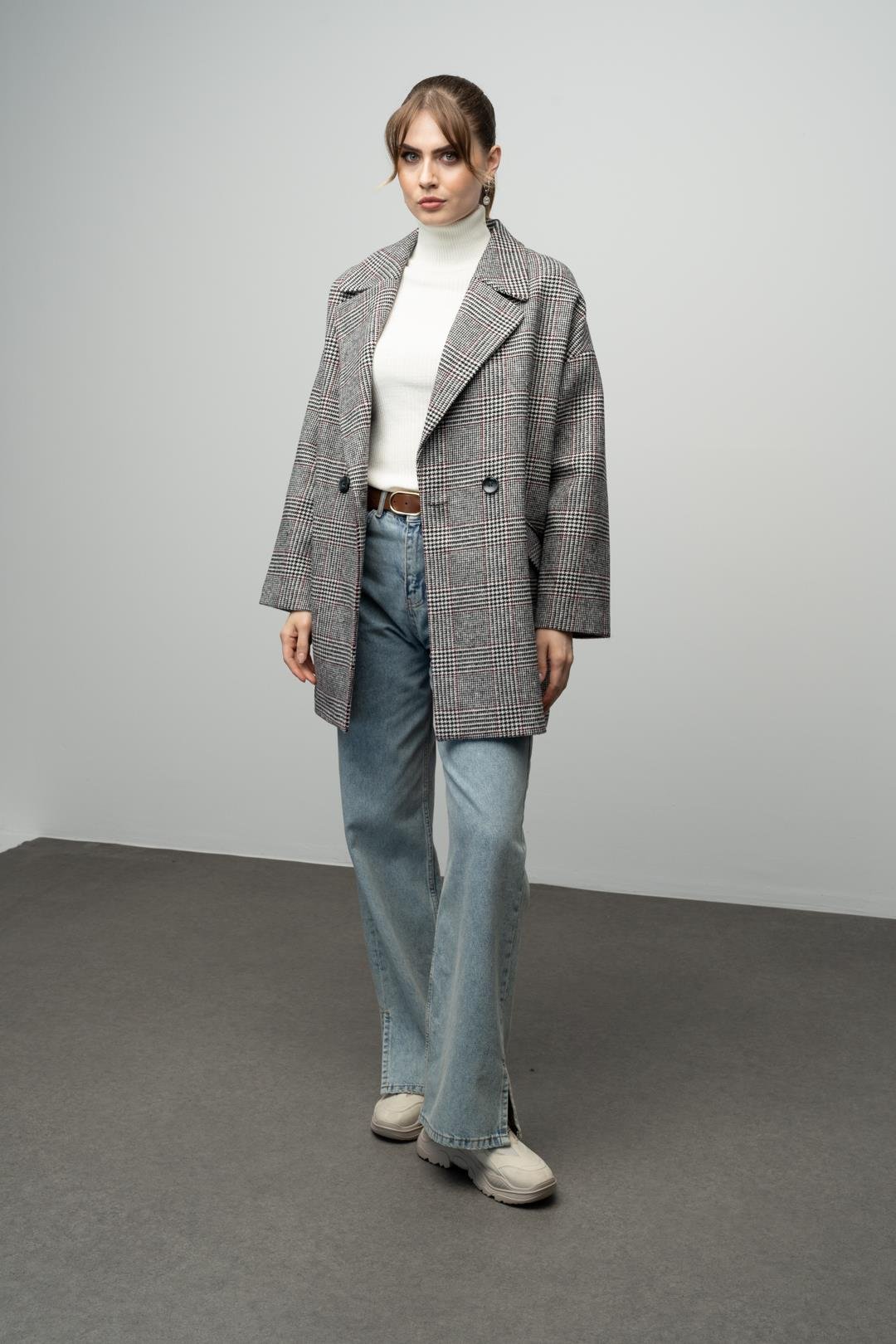 Ekose Desenli Kruvaze Oversize Kaban SİYAH-BEYAZ 3020