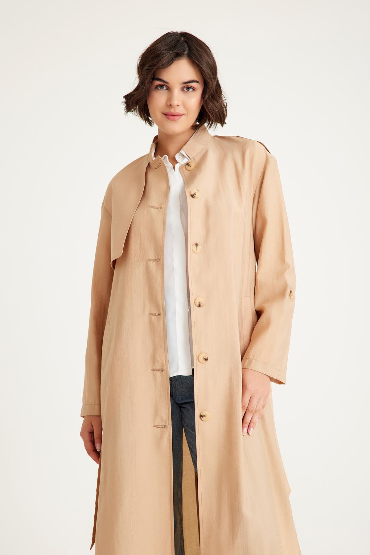 معطف ترنش غير مبطن مع عباءة على شكل جد وتفاصيل حزام كامل 6575