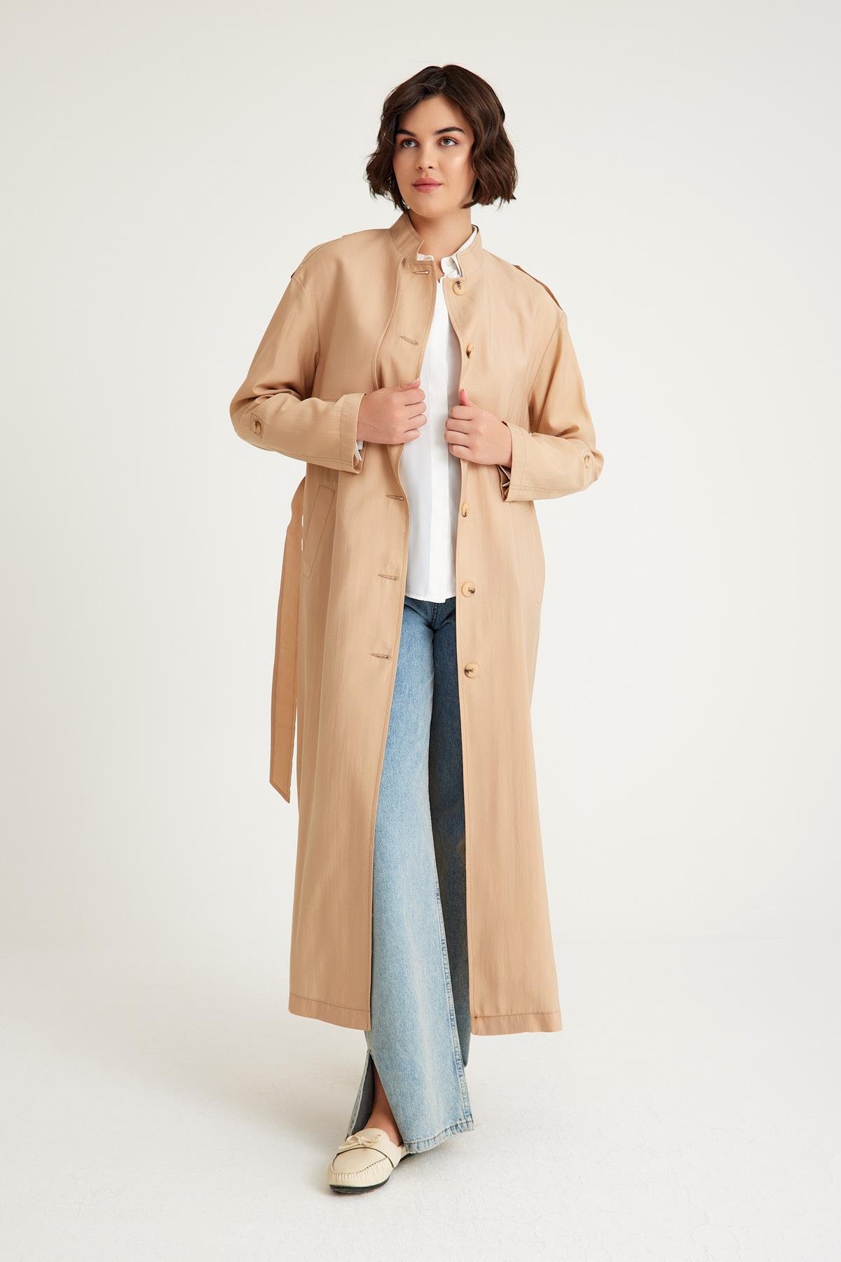 معطف ترنش غير مبطن مع عباءة على شكل جد وتفاصيل حزام كامل 6575