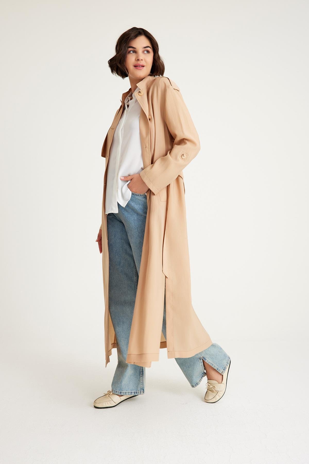 معطف ترنش غير مبطن مع عباءة على شكل جد وتفاصيل حزام كامل 6575