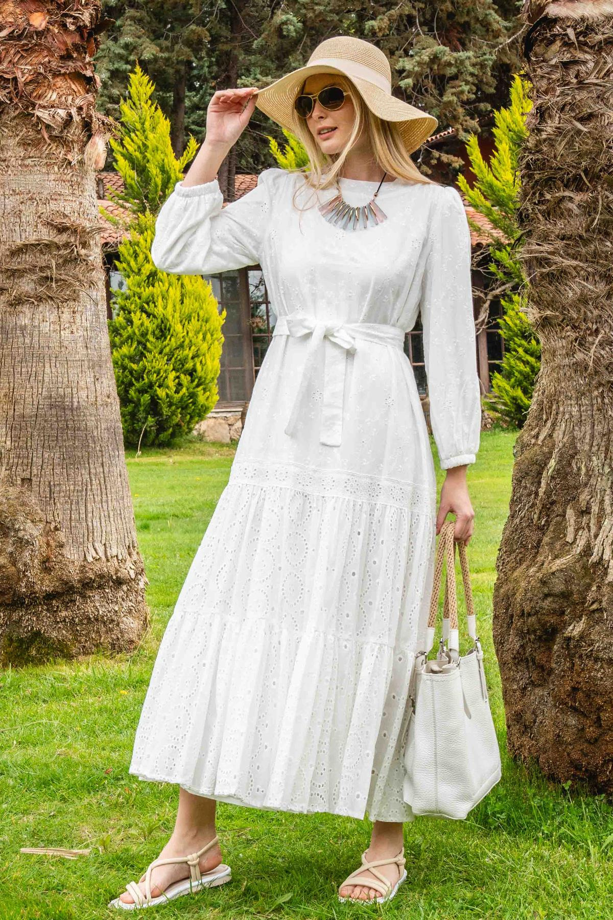 Cotton Guipure Long Dress with Pleated Skirt and Belt at Waist WHITE 9910-E