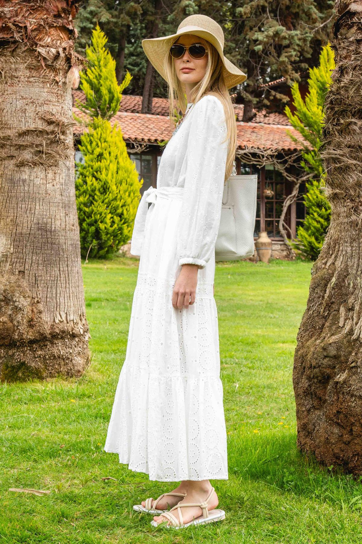 Cotton Guipure Long Dress with Pleated Skirt and Belt at Waist WHITE 9910-E