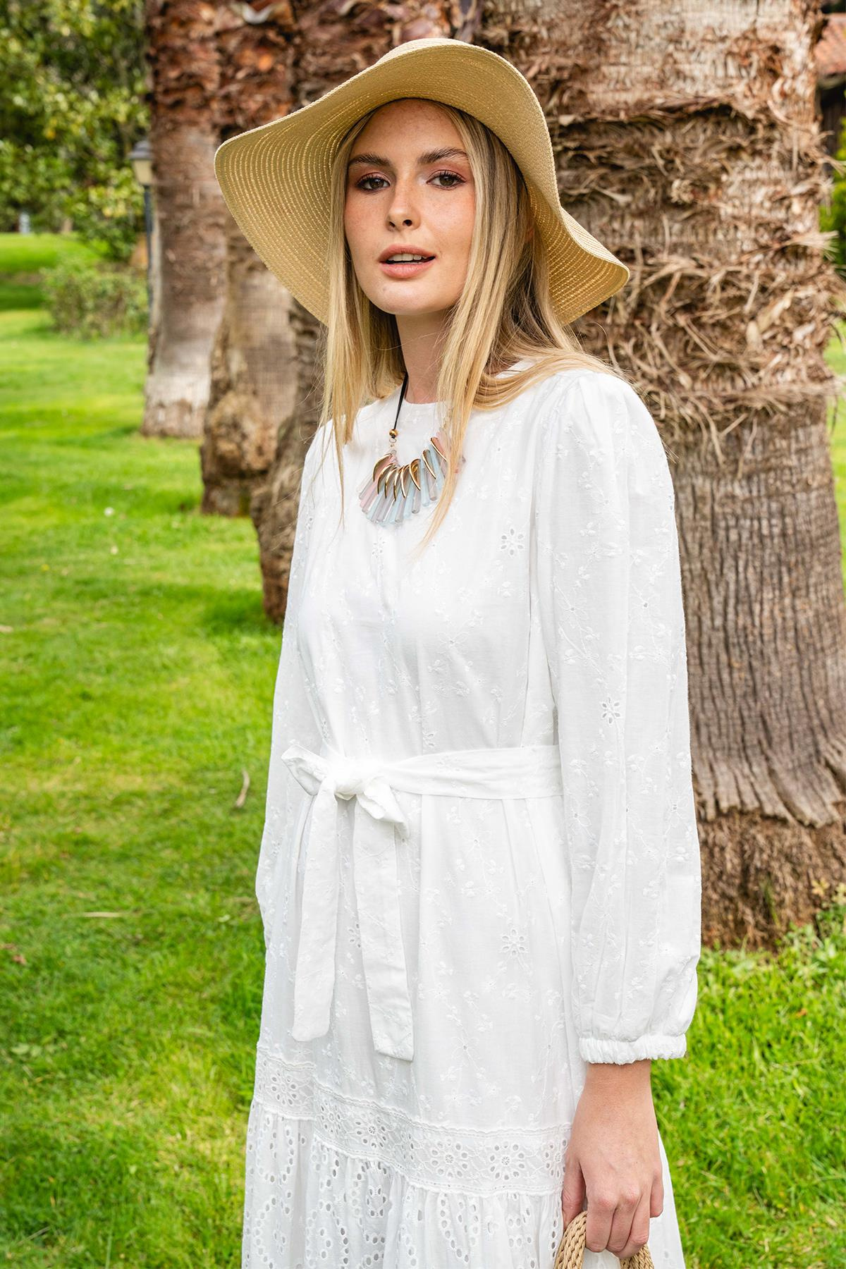 Cotton Guipure Long Dress with Pleated Skirt and Belt at Waist WHITE 9910-E