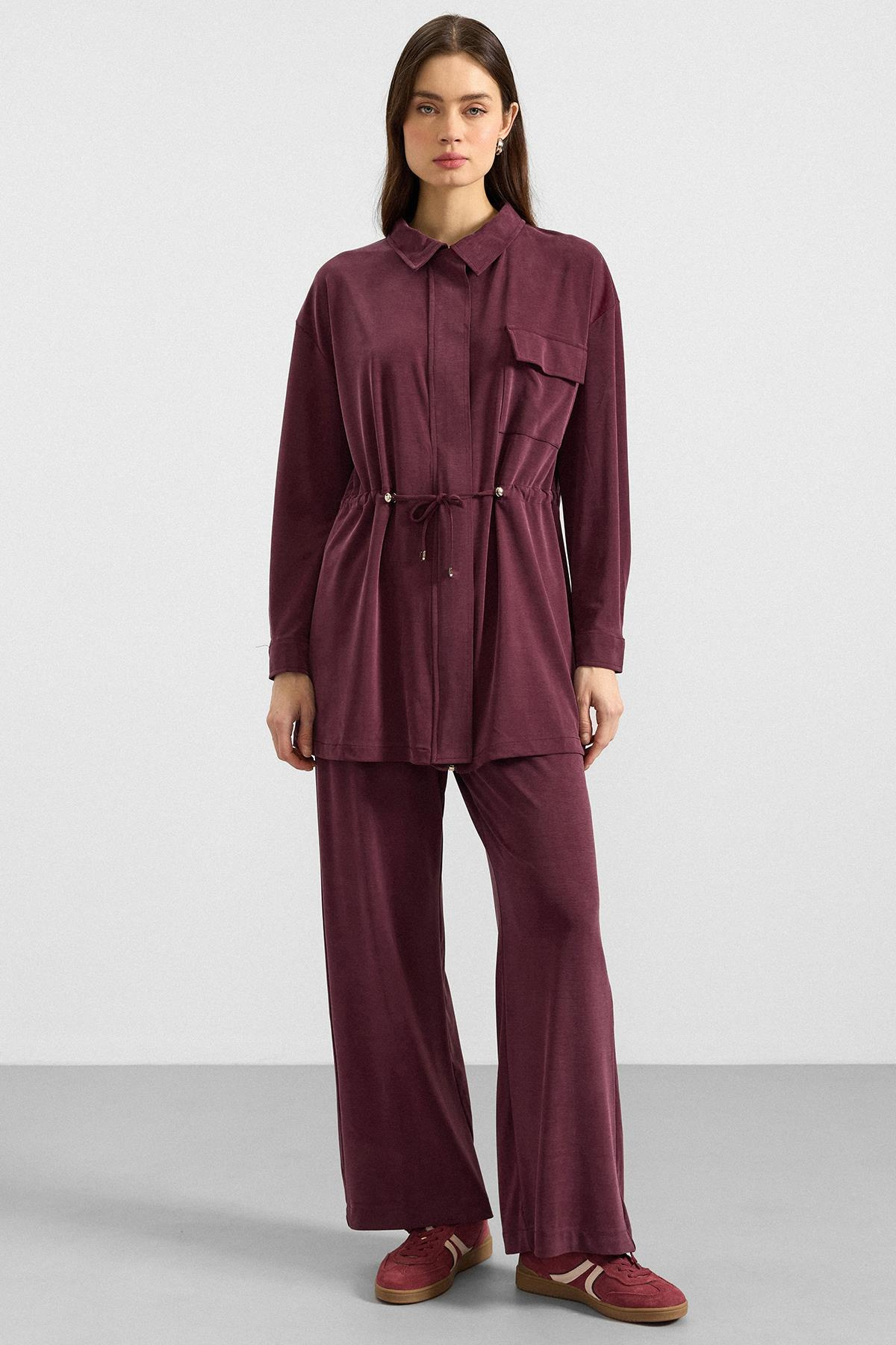 Fermuar Kapamalı Beli Büzgülü Premium Kumaş Sweat Pantolon Takım BORDO 9406-TK