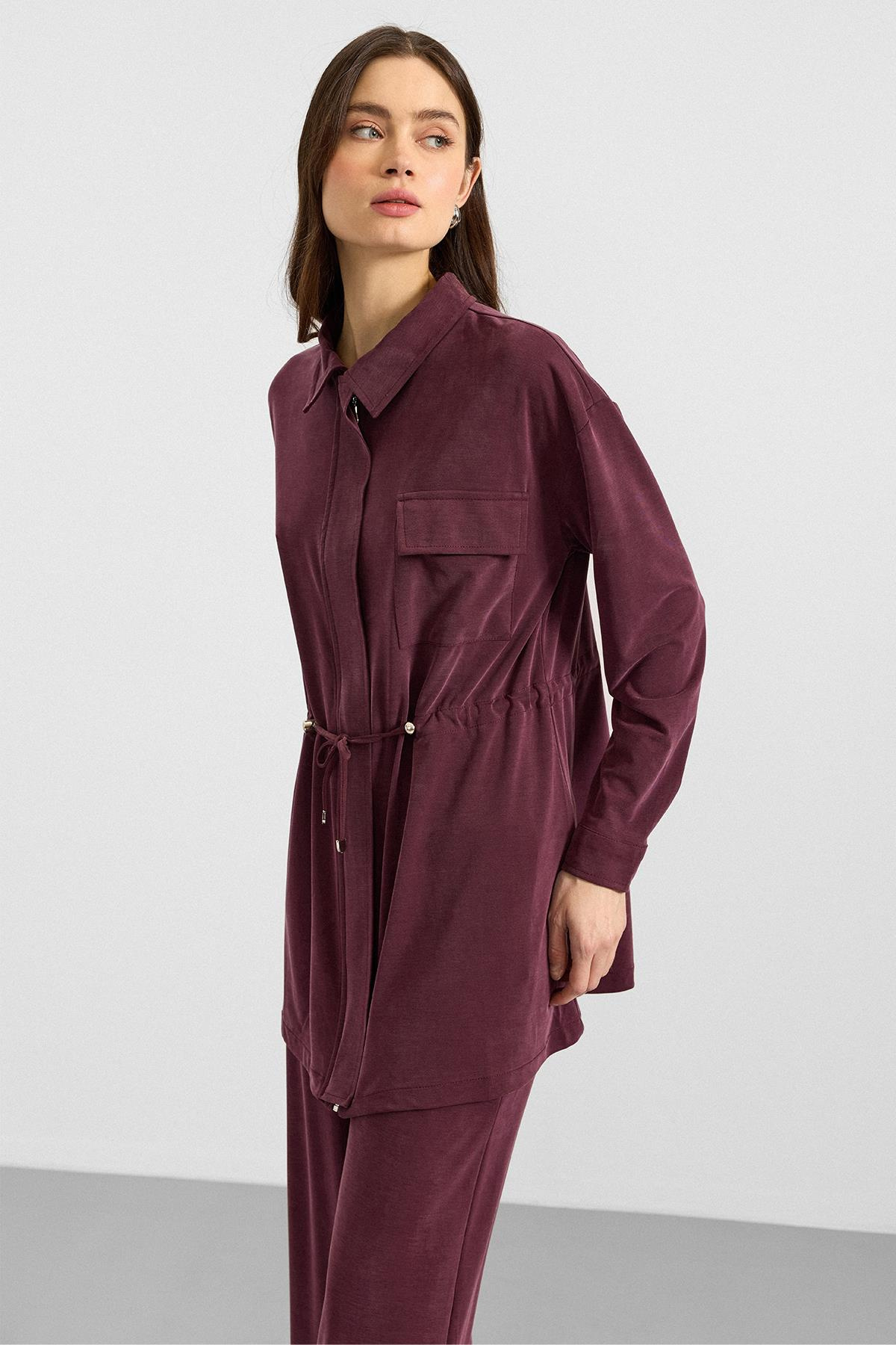 Fermuar Kapamalı Beli Büzgülü Premium Kumaş Sweat Pantolon Takım BORDO 9406-TK