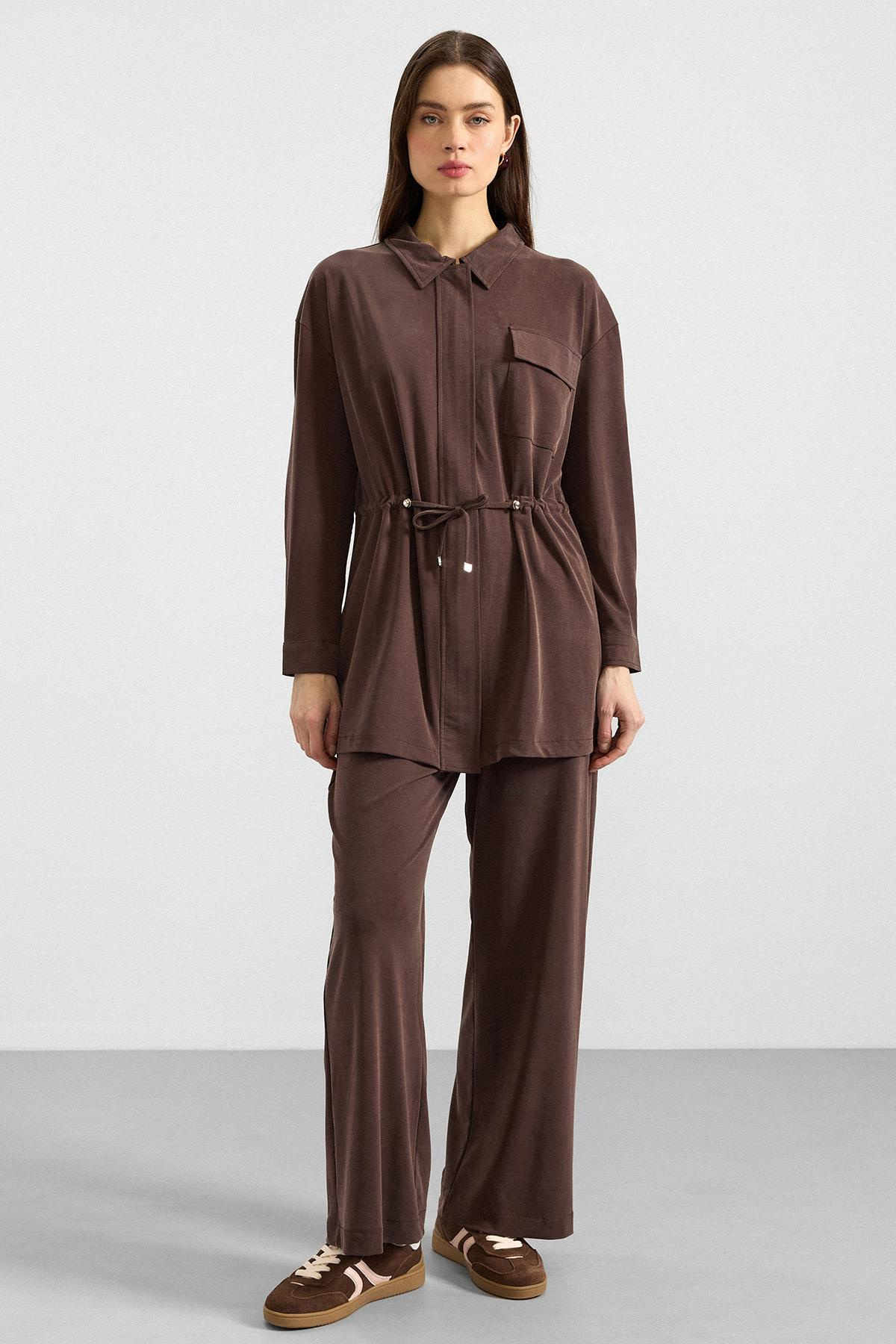 Fermuar Kapamalı Beli Büzgülü Premium Kumaş Sweat Pantolon Takım KAHVE 9406-TK