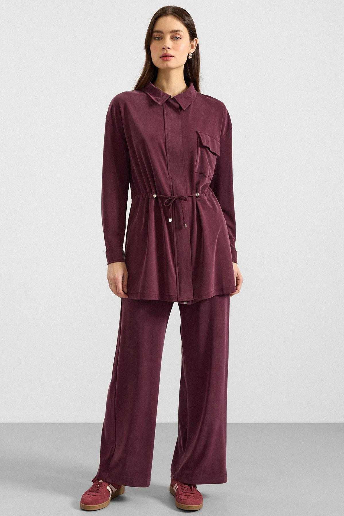 Fermuar Kapamalı Beli Büzgülü Premium Kumaş Sweat Pantolon Takım BORDO 9406-TK