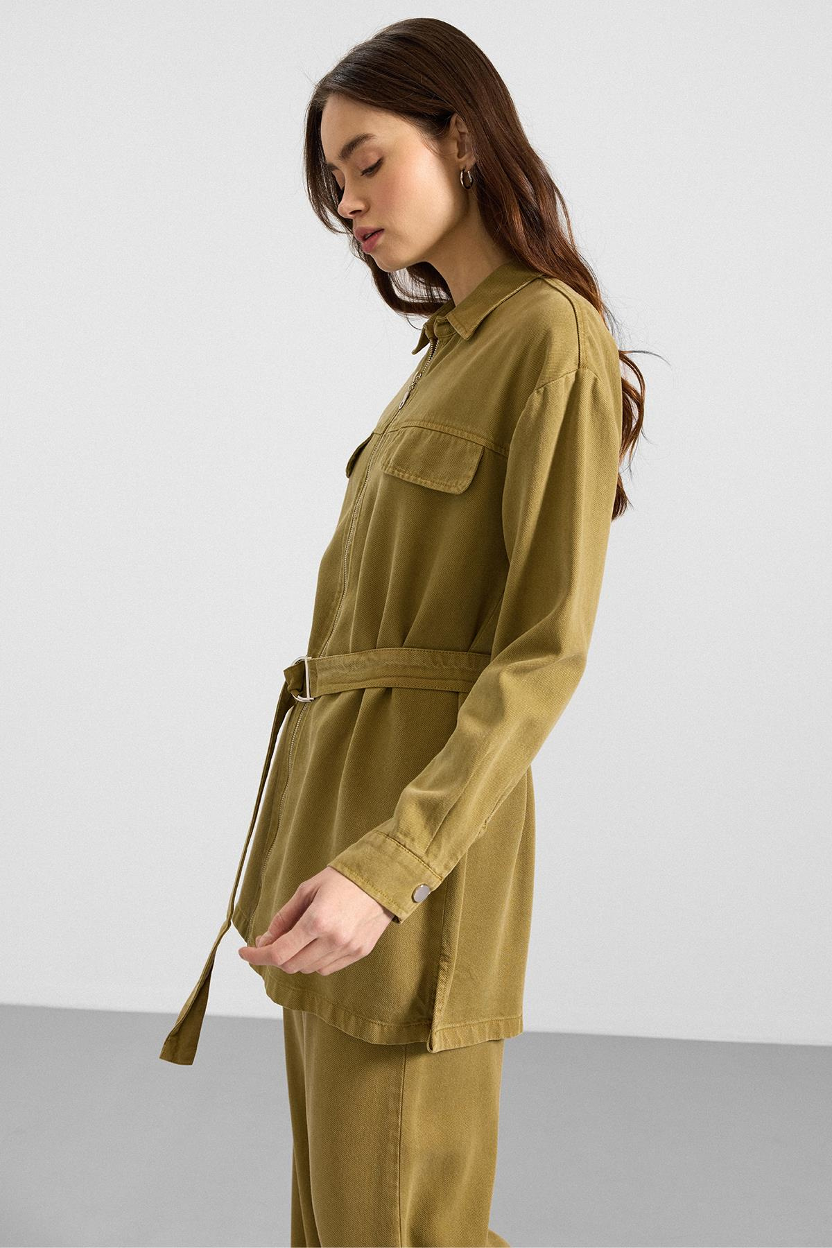 Fermuar Kapamalı Ceket Pantolon Soft Denim İkili Takım YAĞ YEŞİLİ 9395-TK