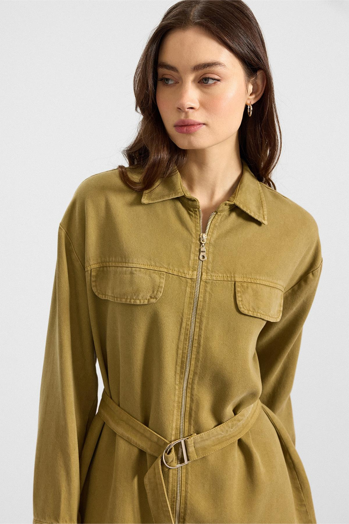 Fermuar Kapamalı Ceket Pantolon Soft Denim İkili Takım YAĞ YEŞİLİ 9395-TK