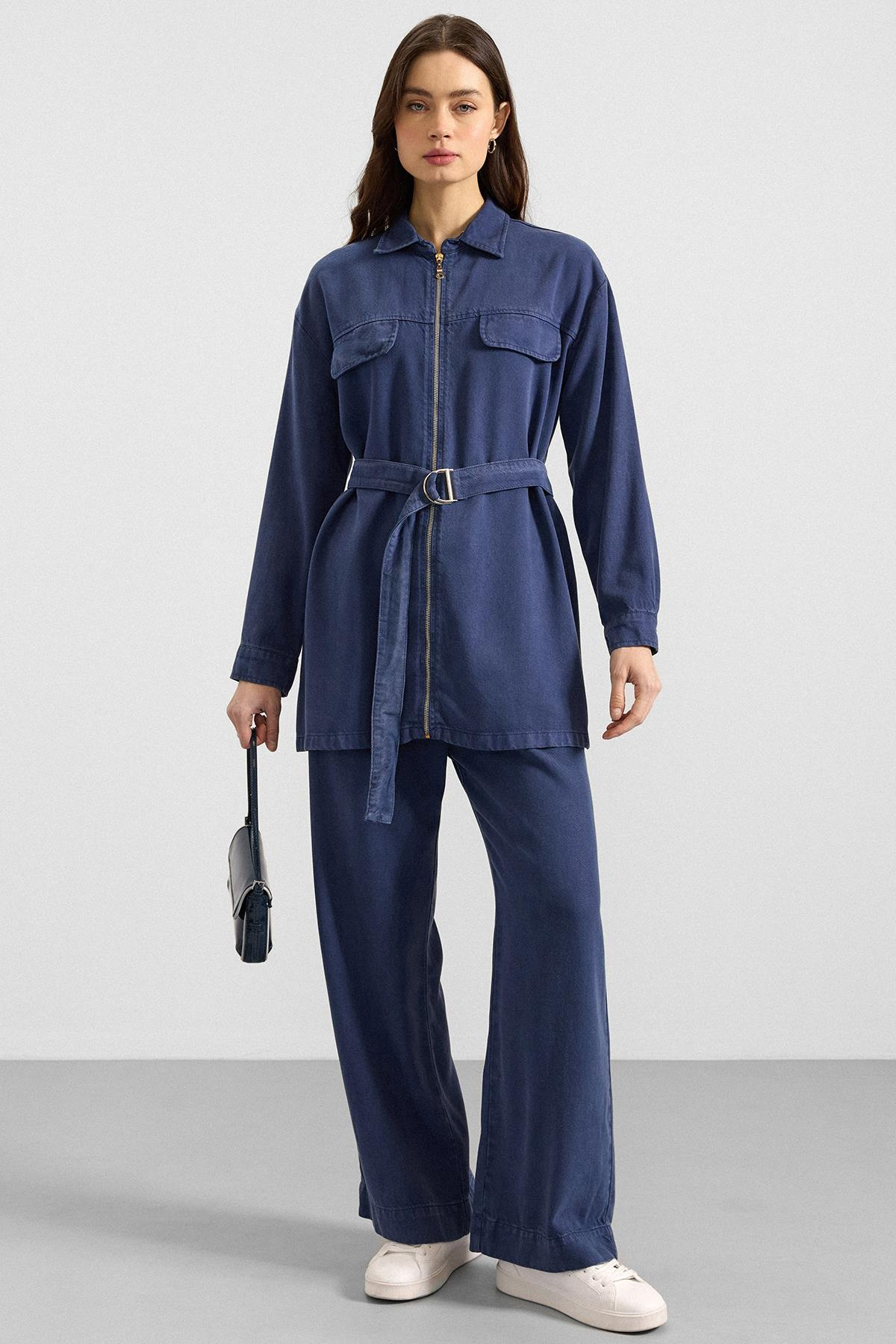 Fermuar Kapamalı Ceket Pantolon Soft Denim İkili Takım İNDİGO 9395-TK