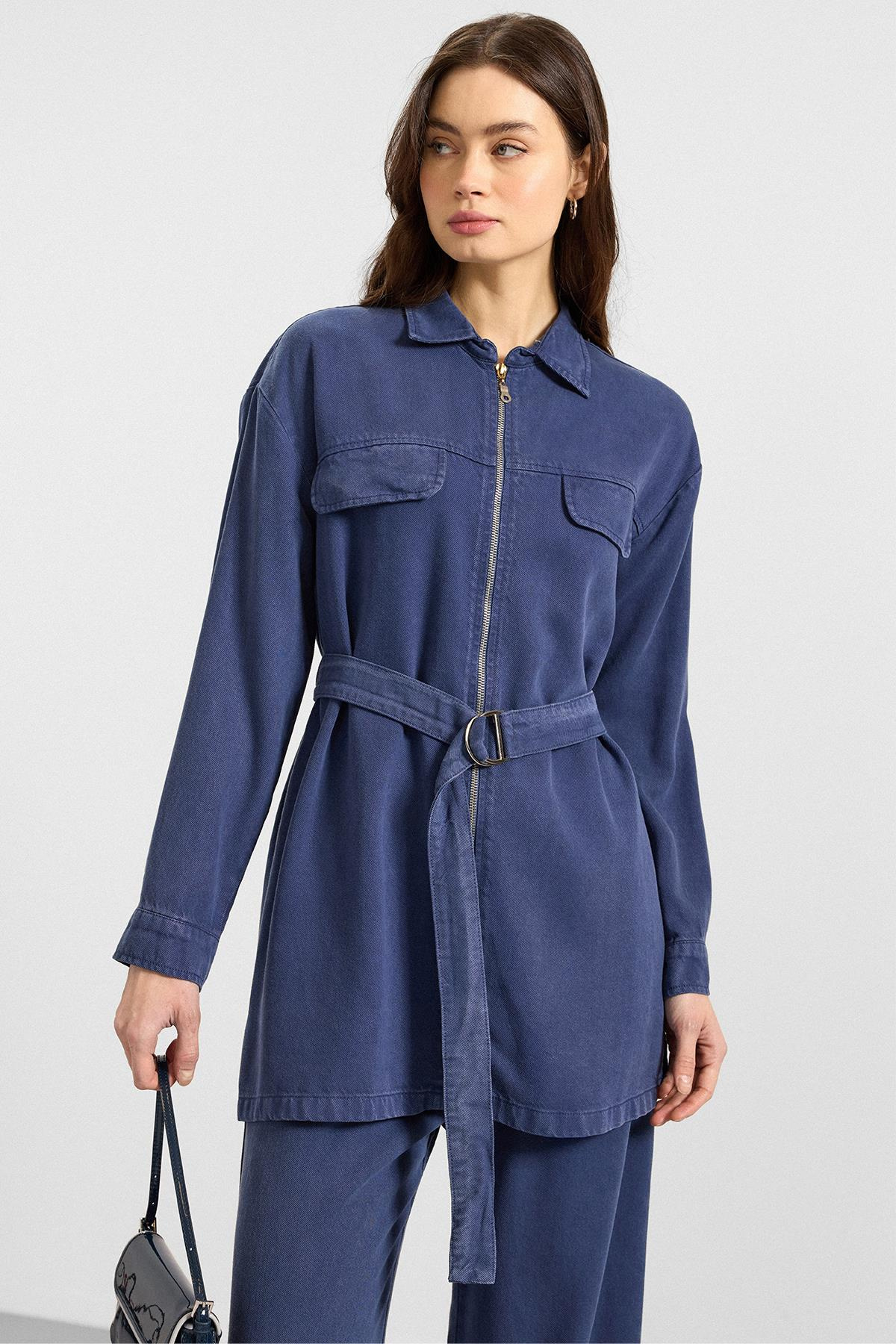 Fermuar Kapamalı Ceket Pantolon Soft Denim İkili Takım İNDİGO 9395-TK